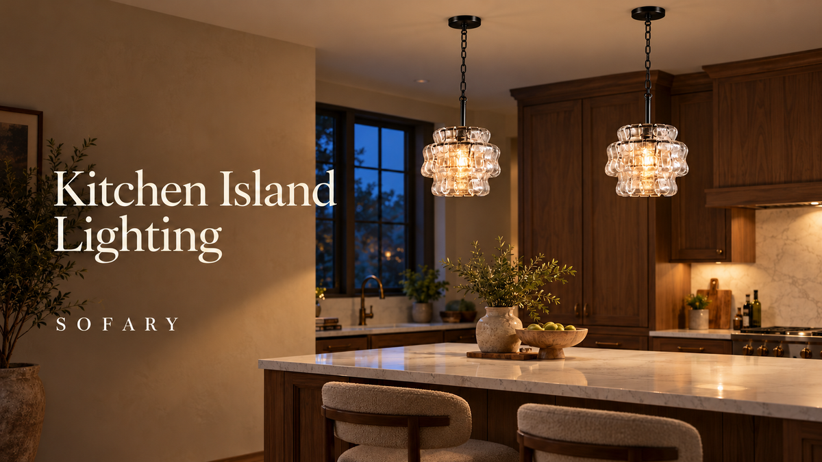 Kitchen Island Lighting cover featuring two Sofary Virelune clear glass pendants in a compact kitchen