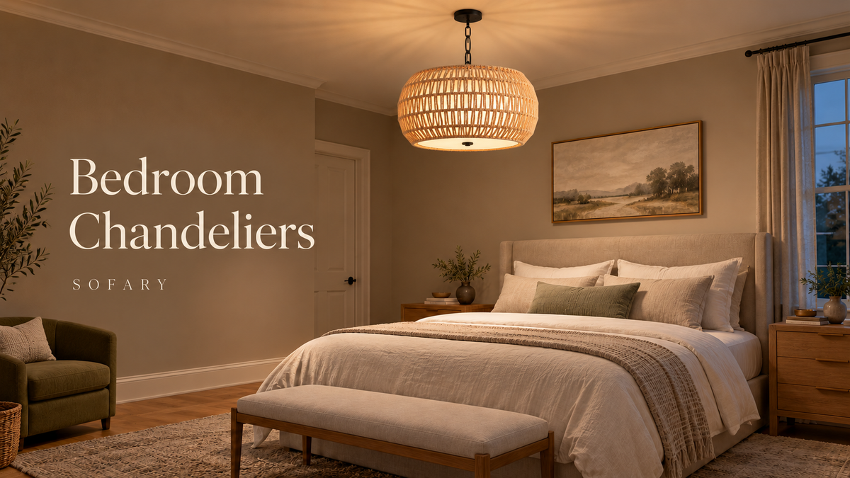 Bedroom Chandeliers cover featuring Sofary Tavira rattan chandelier in an evening bedroom with an upholstered bed and oak furniture