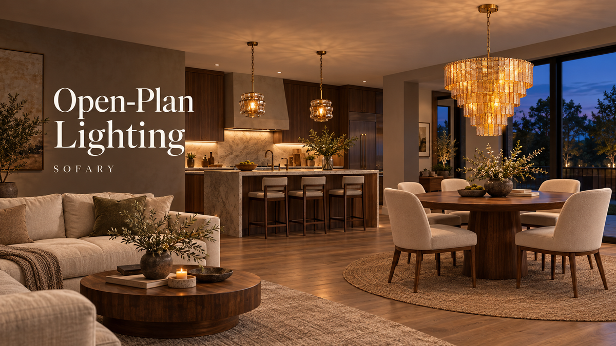 Open-Plan Lighting cover with Sofary Sirene amber-glass chandelier and Virelune pendants across a connected kitchen, dining and living room