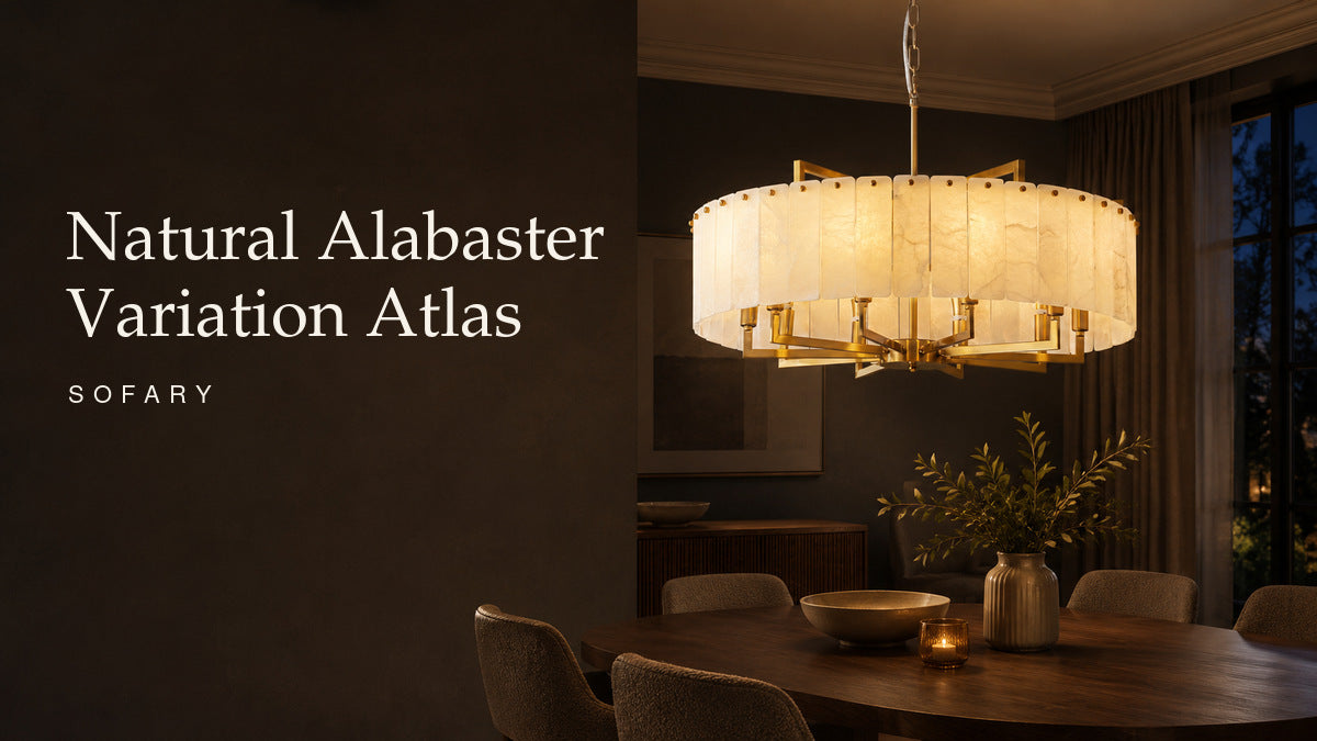 Modern round natural alabaster and brass chandelier in a warm evening dining room with Natural Alabaster Variation Atlas title