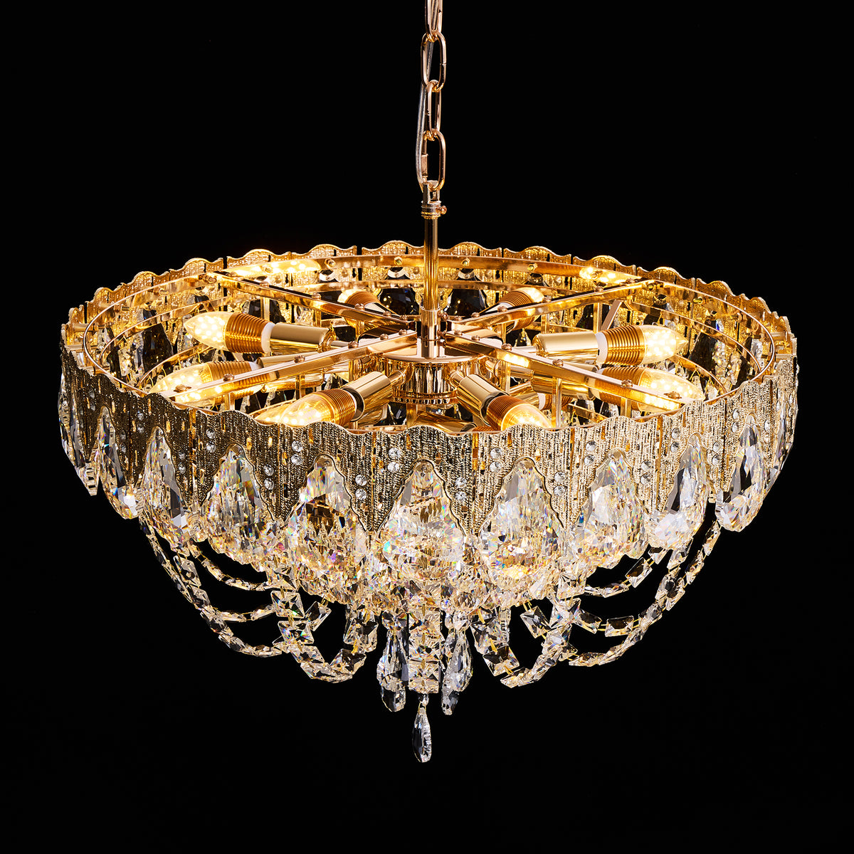 Auremont Classic Luxury Gold Crystal Cascading Round Chandelier