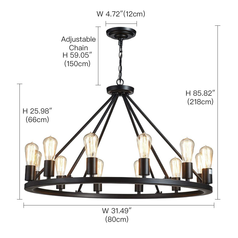 12 Lights Wagon Wheel Chandelier Black Round Globe Wrought Iron Pendant Lights size | Sofary Lighting
