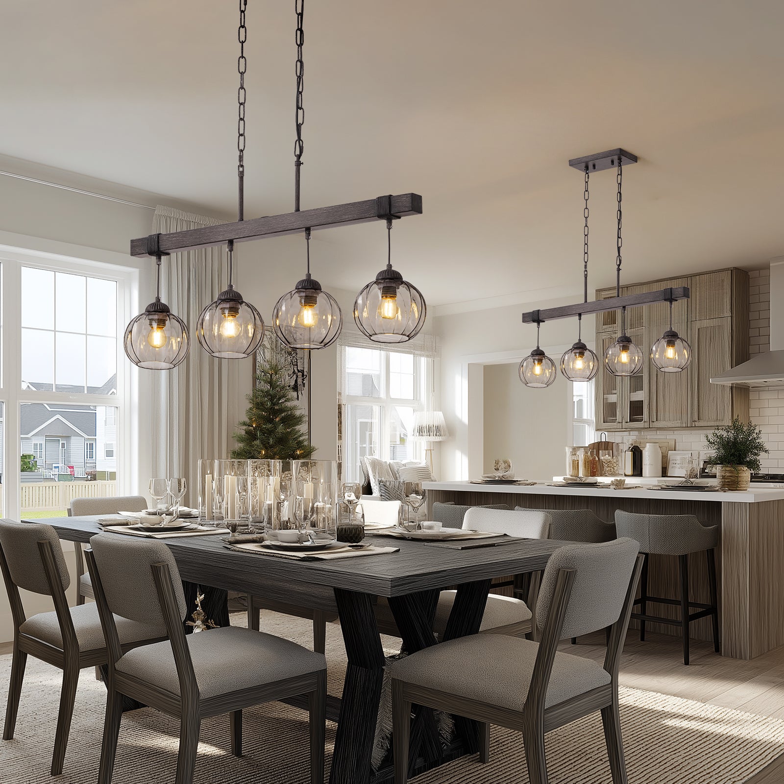 Rustora Farmhouse Dark Glass Globe Linear Island Chandelier