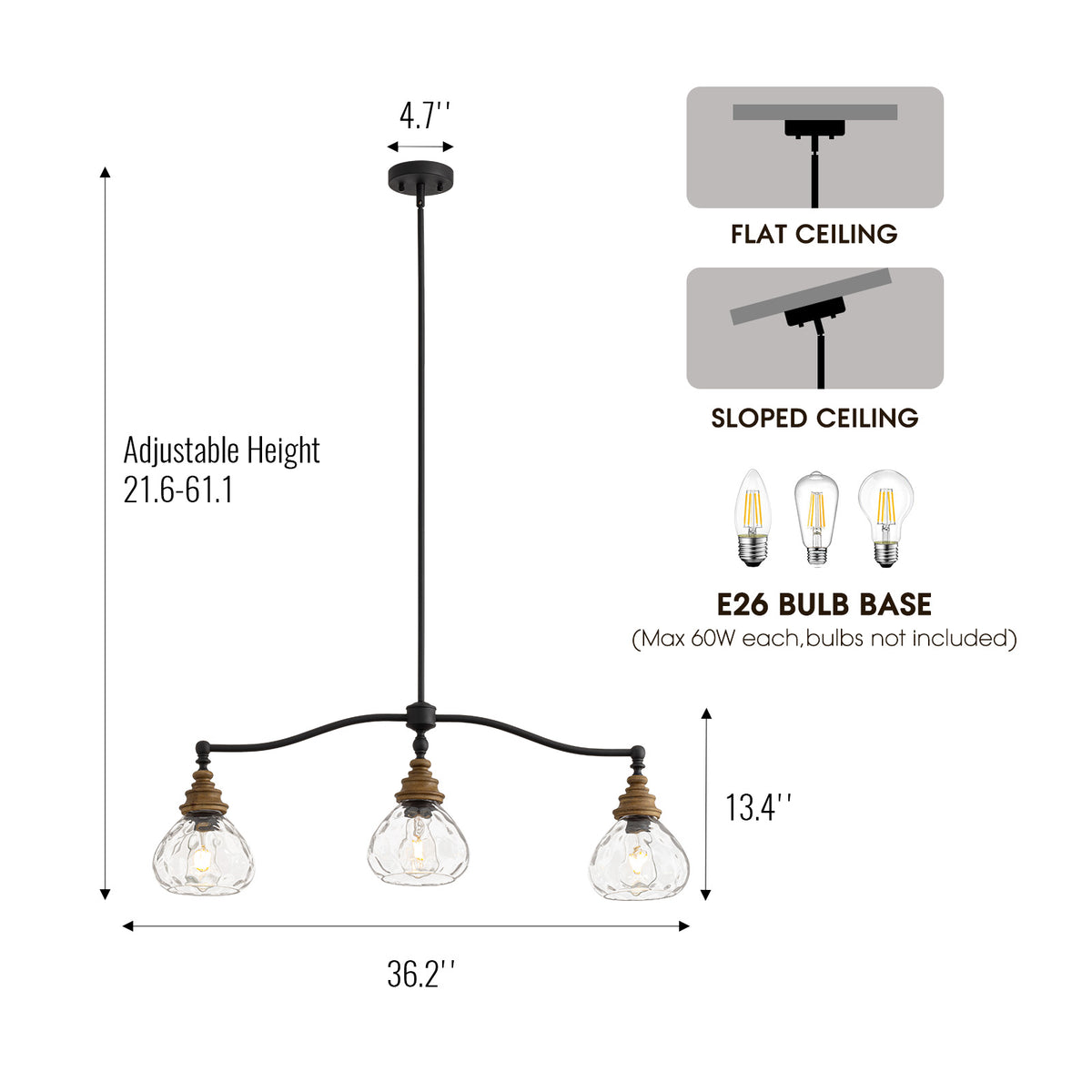 Brinley Vintage Farmhouse Bronze Clear Ripple Glass 3-Light Linear Chandelier