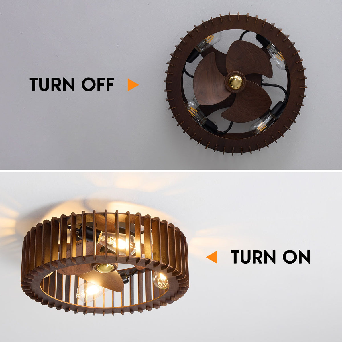 Industrial caged ceiling fan turn off vs turn on — left fan off with dark wood cage and exposed bulbs, right fan on with warm Edison bulb glow, farmhouse bedroom wall sconce scene | Sofary Lighting