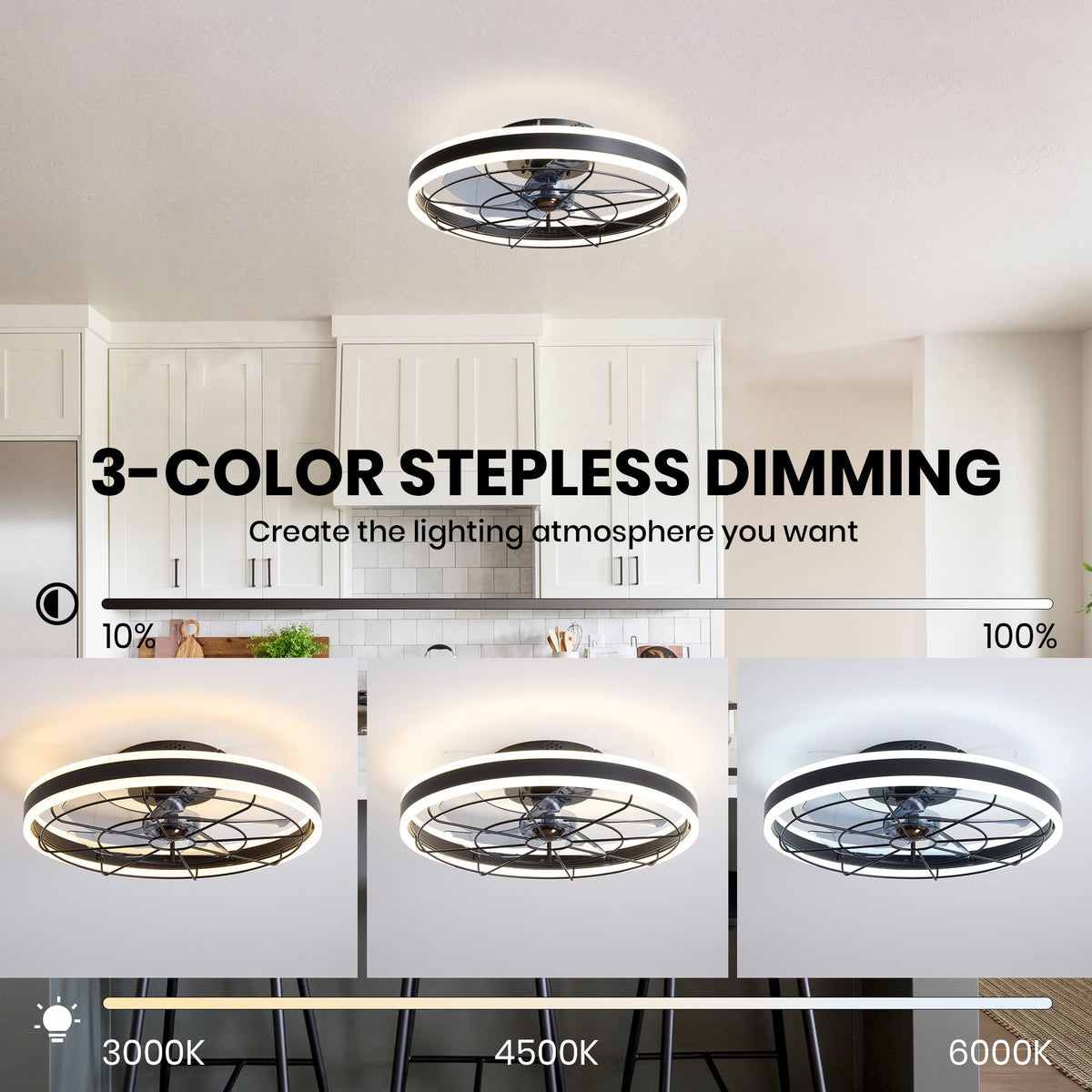 3-color stepless dimming LED ceiling fan — 3000K/4500K/6000K, 10%-100% brightness, 19.6" black dual-ring fandelier | Sofary Lighting