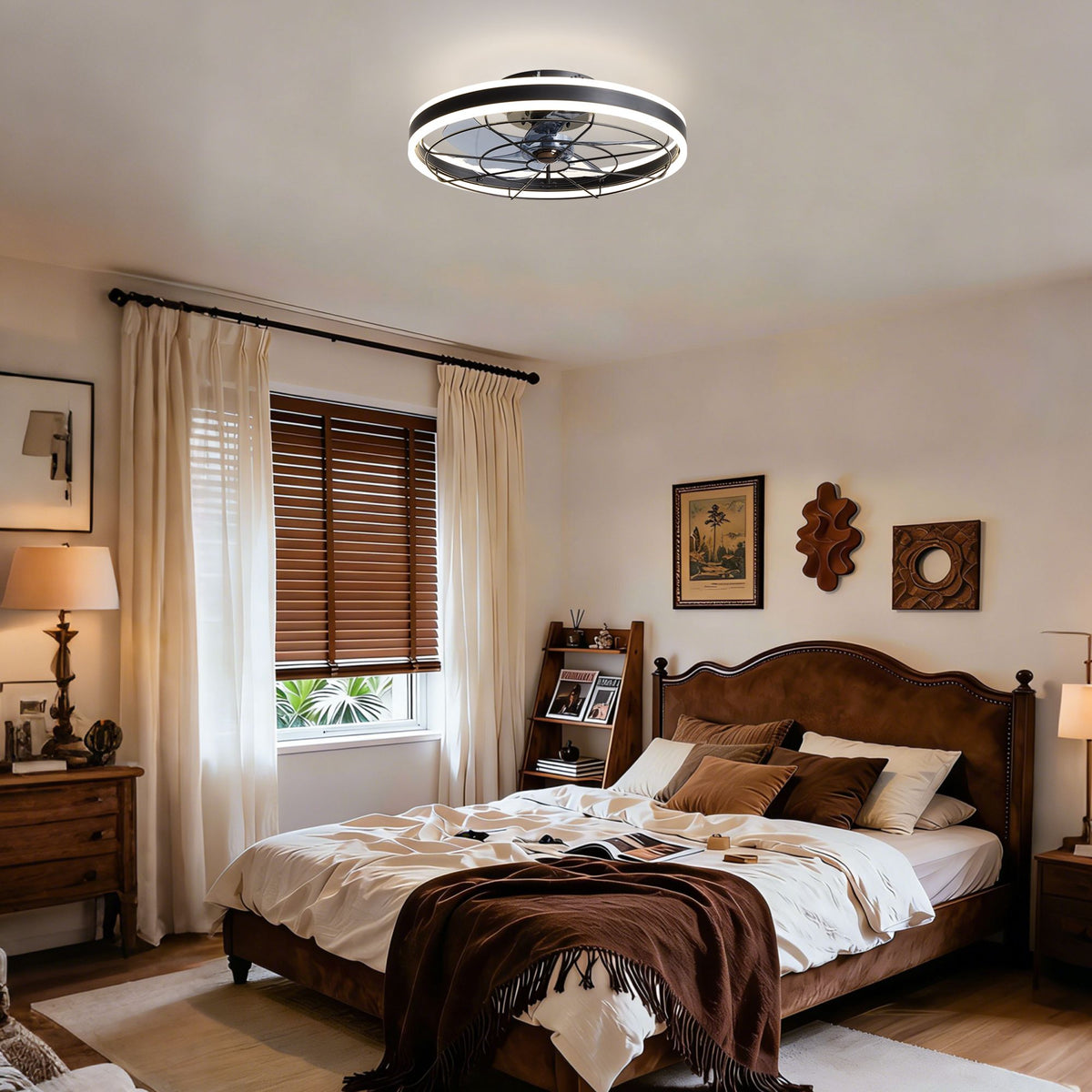 Dual-ring black ceiling fan in bedroom — 19.6" flush mount LED light, quiet <35dB, reversible DC motor, cozy decor | Sofary Lighting