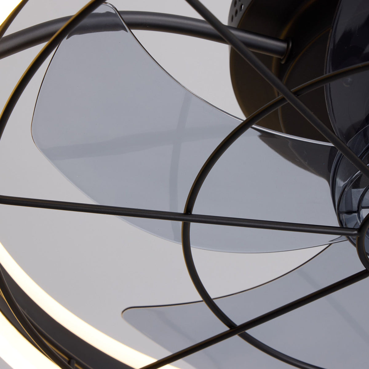 Close-up of black caged ceiling fan blades — 19.6" dual-ring fandelier, transparent invisible blades, matte black cage detail | Sofary Lighting