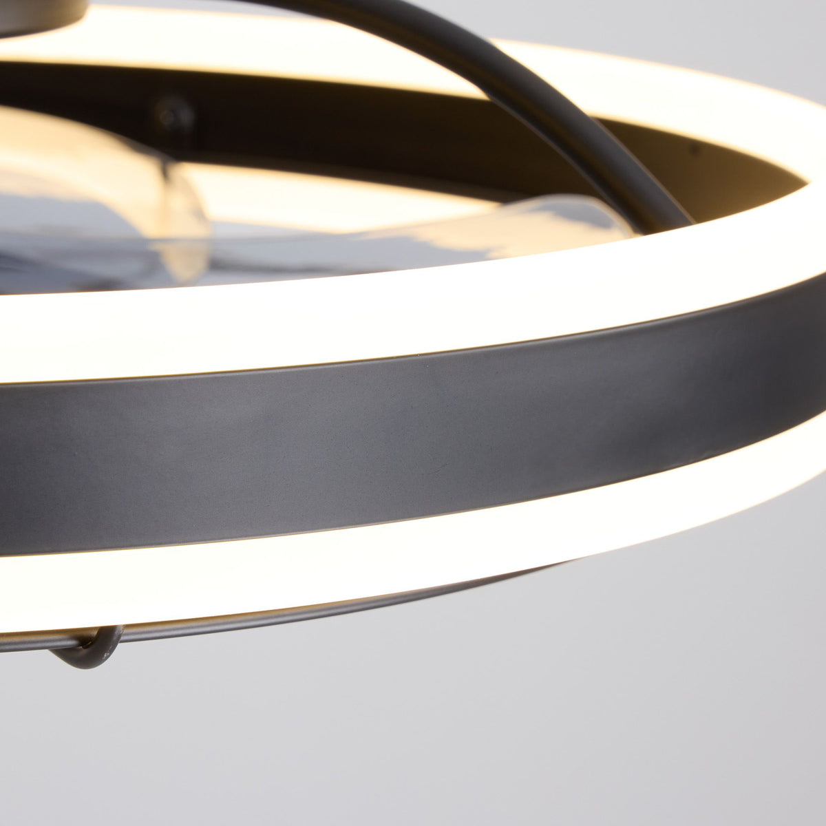 Dual-ring LED light detail — 19.6" black flush mount ceiling fan, bright ring lighting, modern minimalist design | Sofary Lighting