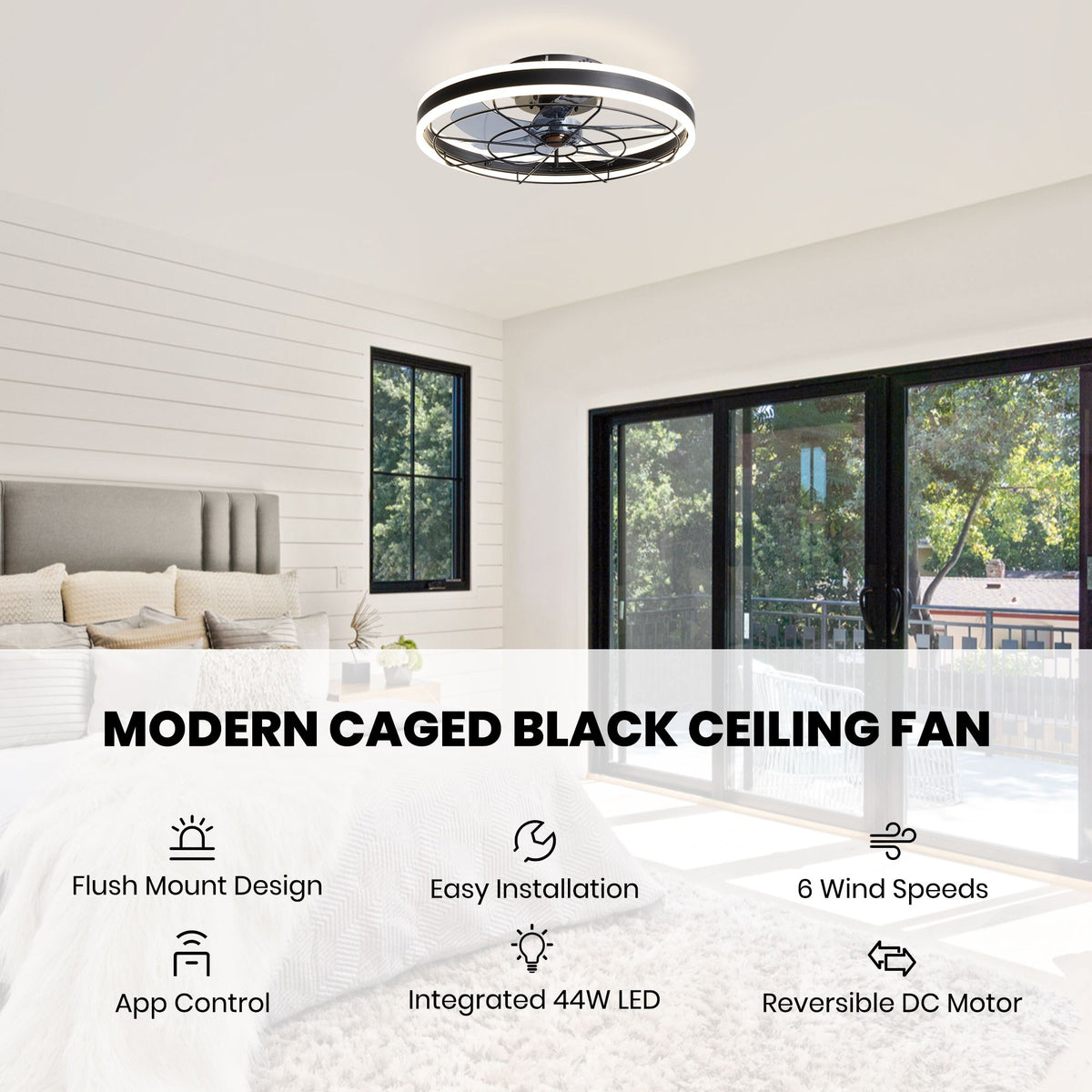 Modern caged black ceiling fan features — flush mount design, easy installation, 6 wind speeds, app control, 44W LED, reversible DC motor | Sofary Lighting