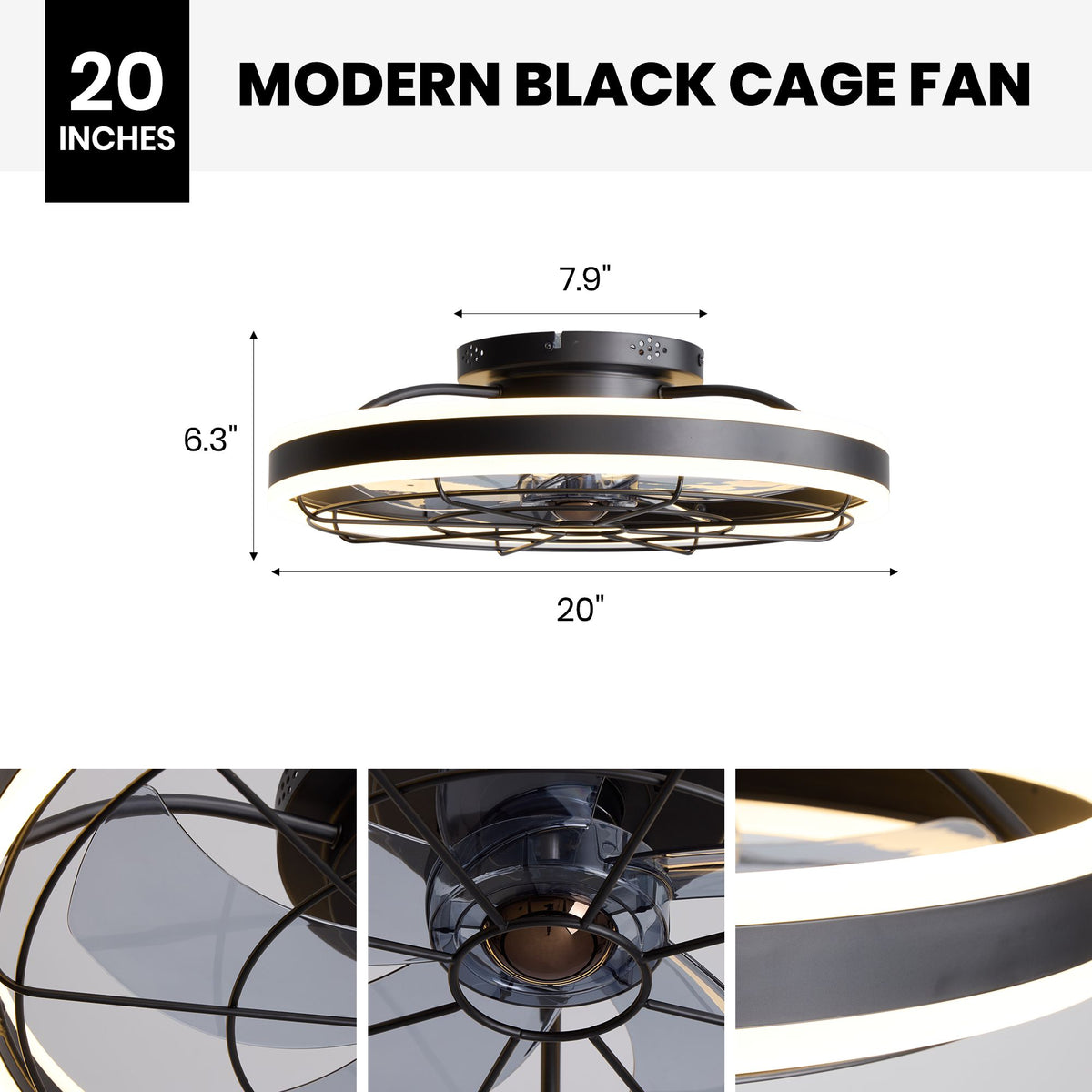 20" modern black cage fan dimensions — 20" diameter, 6.3" height, 7.9" canopy, 19.6" dual-ring flush mount ceiling fandelier size | Sofary Lighting