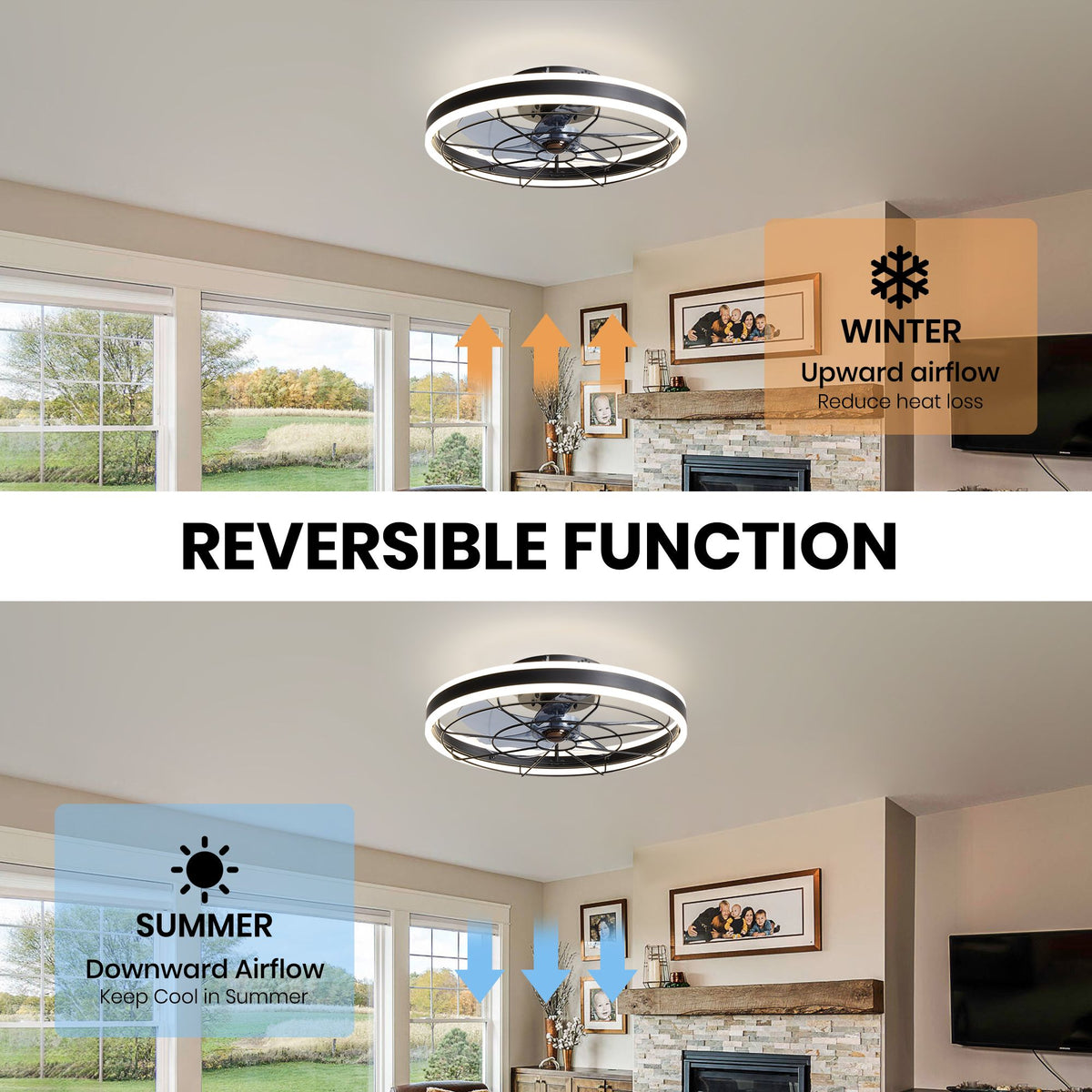 Reversible function ceiling fan — summer downward airflow keeps cool, winter upward airflow reduces heat loss, dual-ring black fandelier | Sofary Lighting