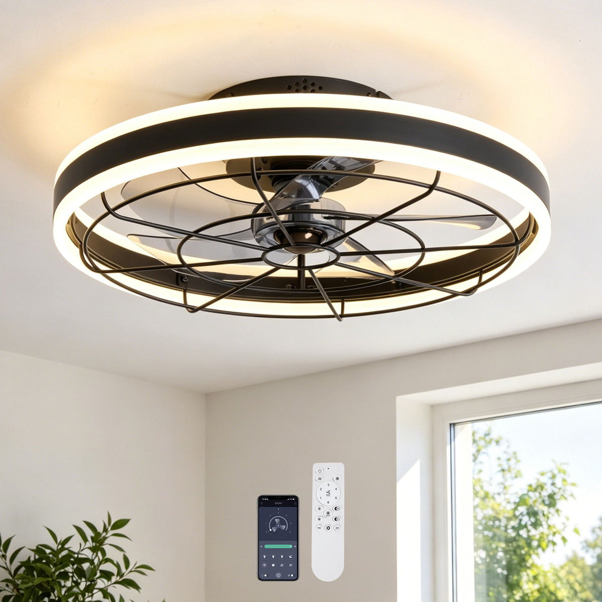 19.6" Modern Black Dual-Ring Flush Mount Ceiling Fan with LED Light — caged fandelier, app & remote control, invisible blades | Sofary Lighting