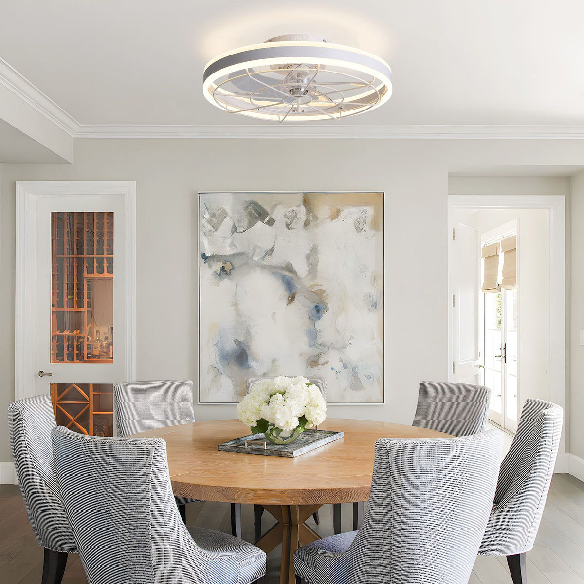 Modern white ceiling fan in dining room — 19.6" flush mount LED fandelier, circular ring light, elegant home decor | Sofary Lighting
