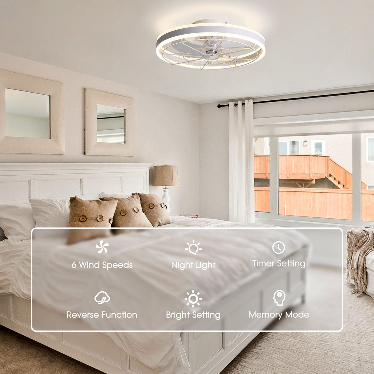 Ceiling fan features — 6 wind speeds, night light, timer, reverse function, bright setting, memory mode, remote control | Sofary Lighting