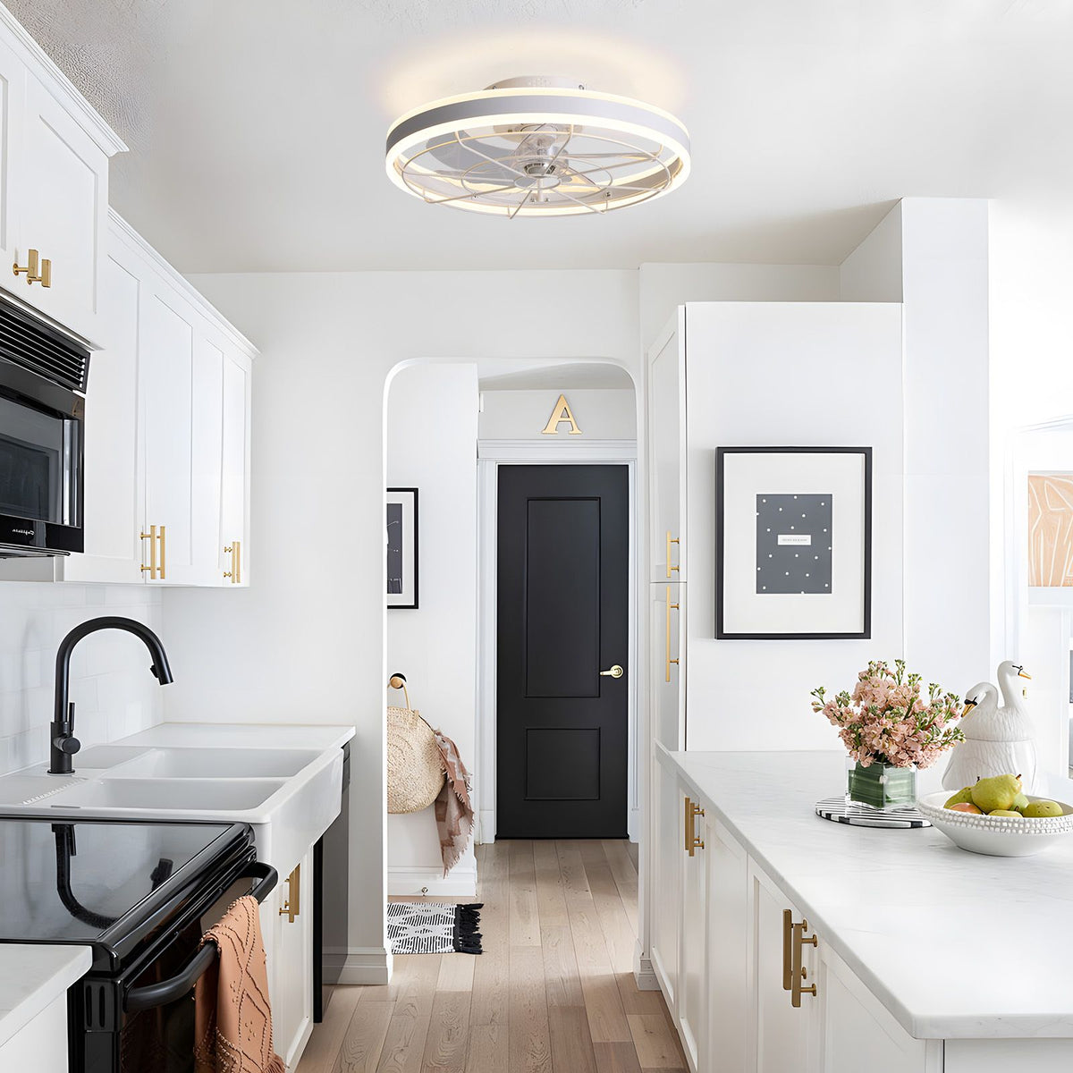 Modern white ceiling fan over kitchen island — 19.6" flush mount LED light fan, bright and elegant for kitchen decor | Sofary Lighting