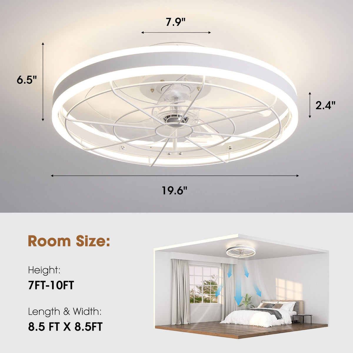 19.6" modern white flush mount ceiling fan dimensions — 19.6" diameter, 6.5" height (2.4" body), 7.9" canopy, fits 8.5x8.5 ft room, 7-10ft ceiling | Sofary Lighting