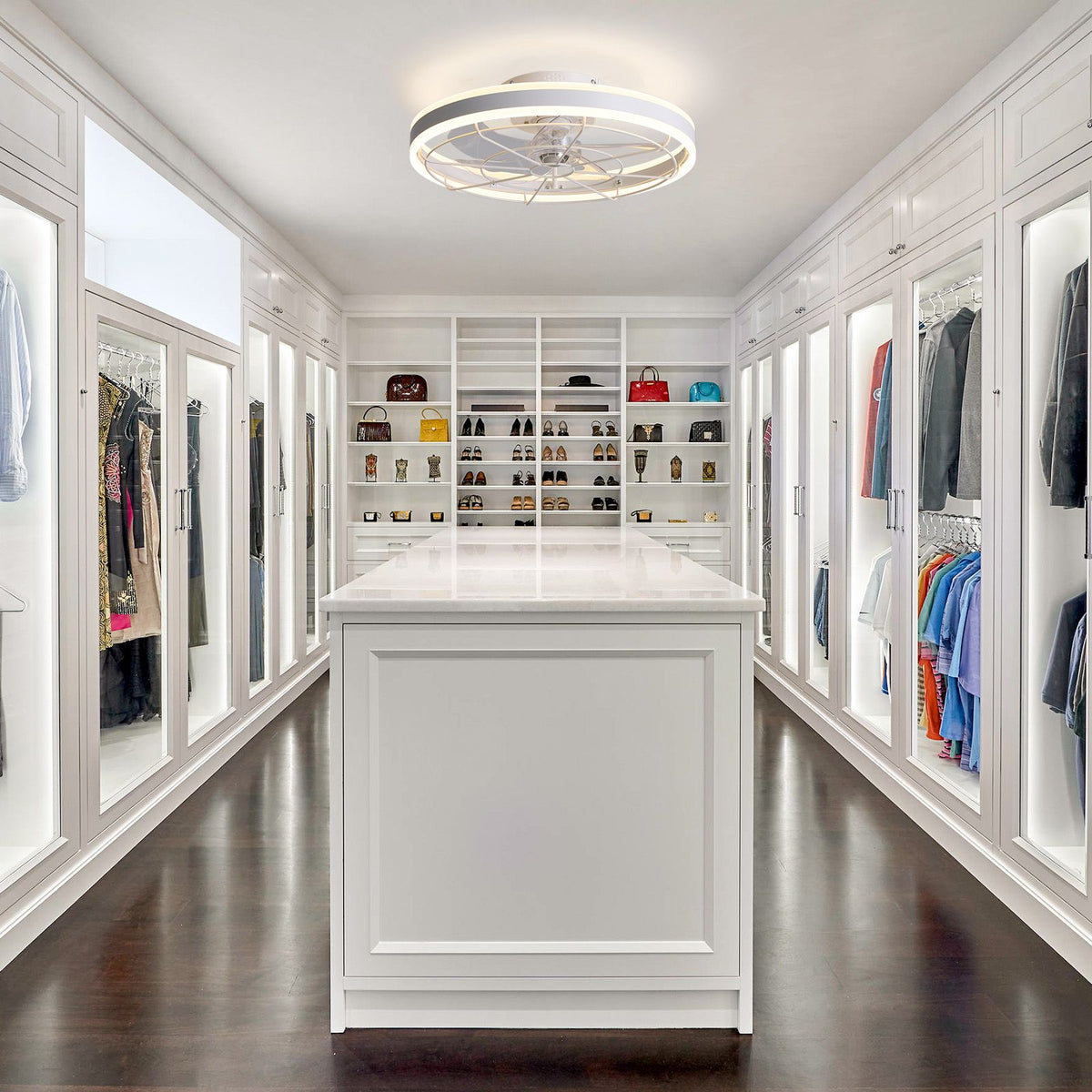 White flush mount fan in walk-in closet — 19.6" modern LED ceiling fandelier, space-saving low profile design | Sofary Lighting