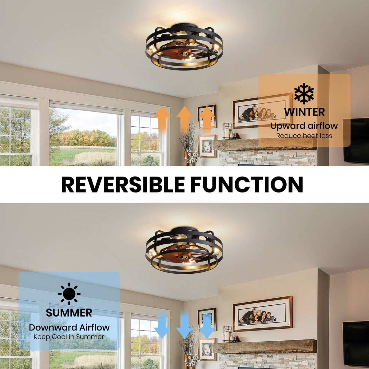 Reversible DC motor function — summer downward airflow keeps cool, winter upward airflow reduces heat loss, year-round air circulation | Sofary Lighting