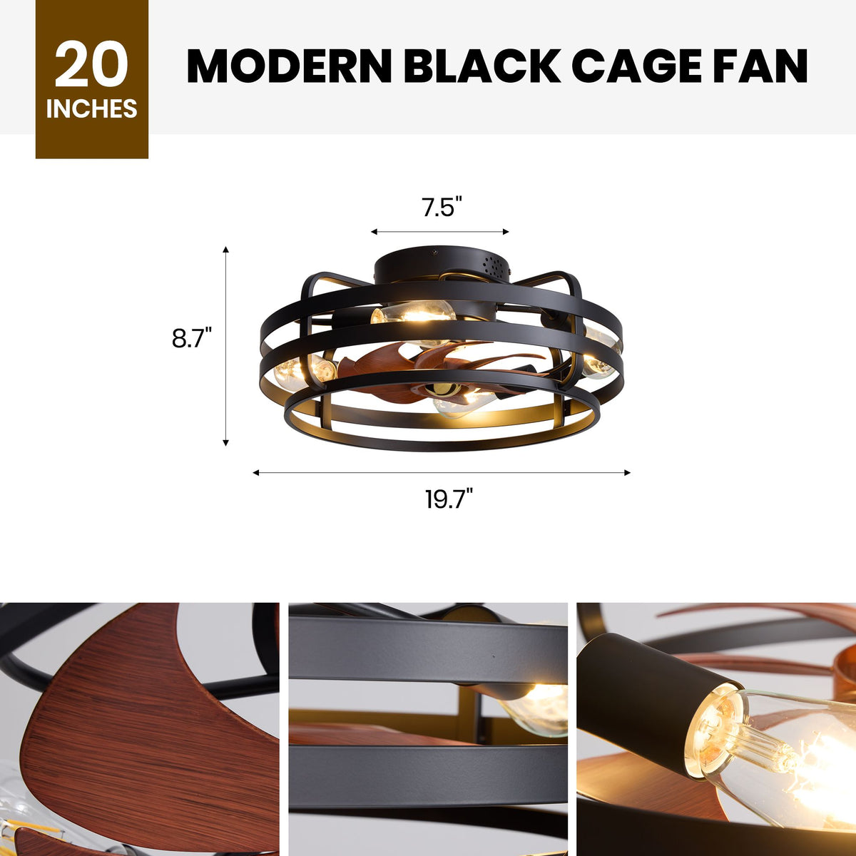 20-inch modern black cage fan dimensions — 19.7" width, 8.7" height, 7.5" canopy, flush mount size chart with detail insets | Sofary Lighting
