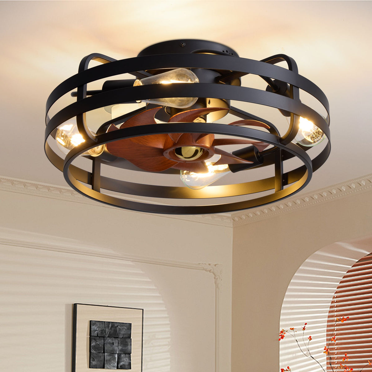 19.7" Black Farmhouse Caged Flush Mount Ceiling Fan with Light — black and gold cage, wood blades, 4 exposed E26 bulbs, industrial rustic fandelier | Sofary Lighting
