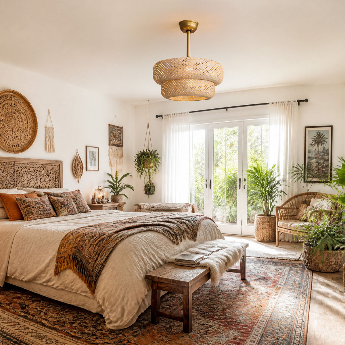 Rustic fandelier in boho bedroom — woven rattan cage fan over bed, macrame wall decor, plants, warm farmhouse bedroom styling | Sofary Lighting