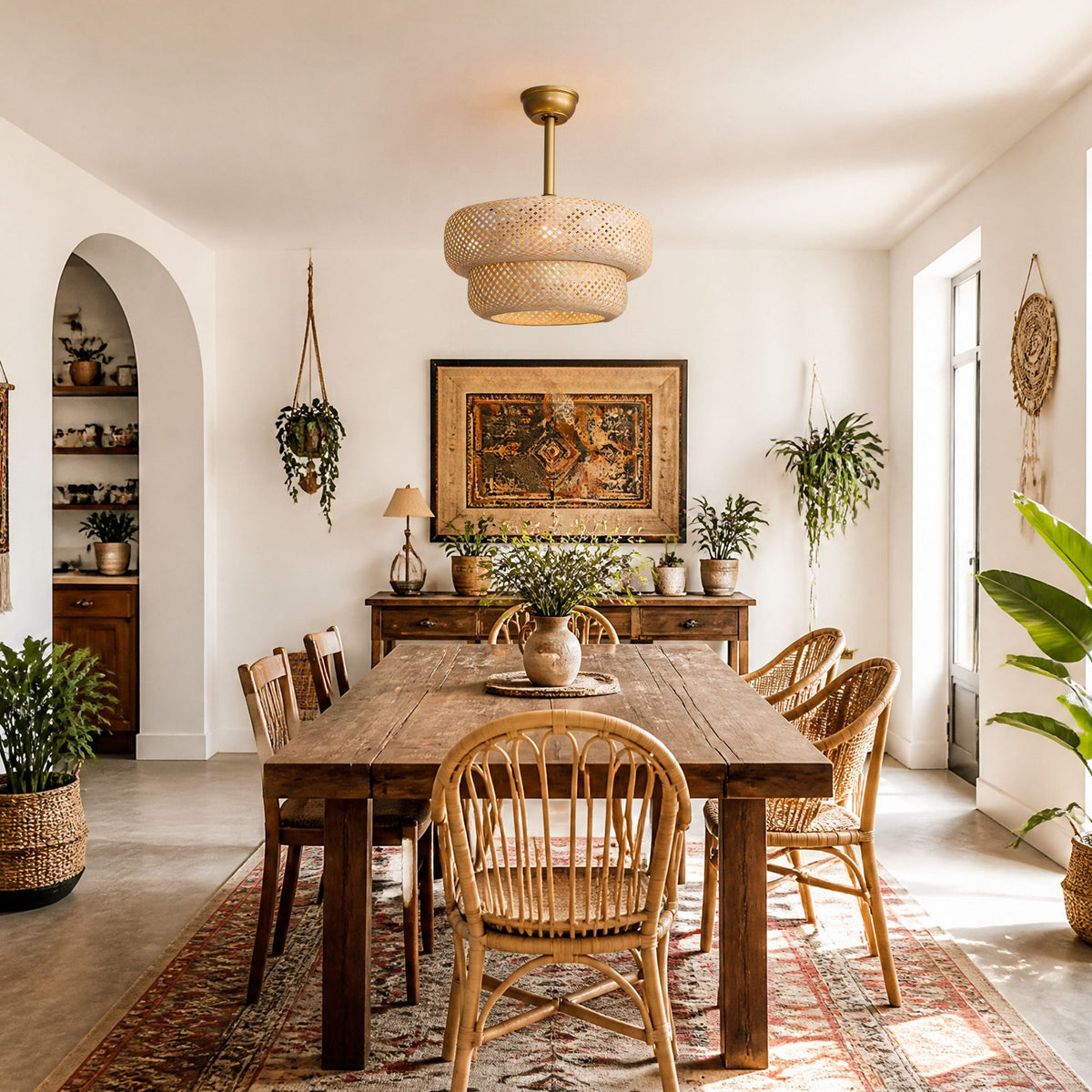 Rustic dining room with caged ceiling fan — wooden dining table, wicker chairs, wall art, plants, warm farmhouse dining decor | Sofary Lighting