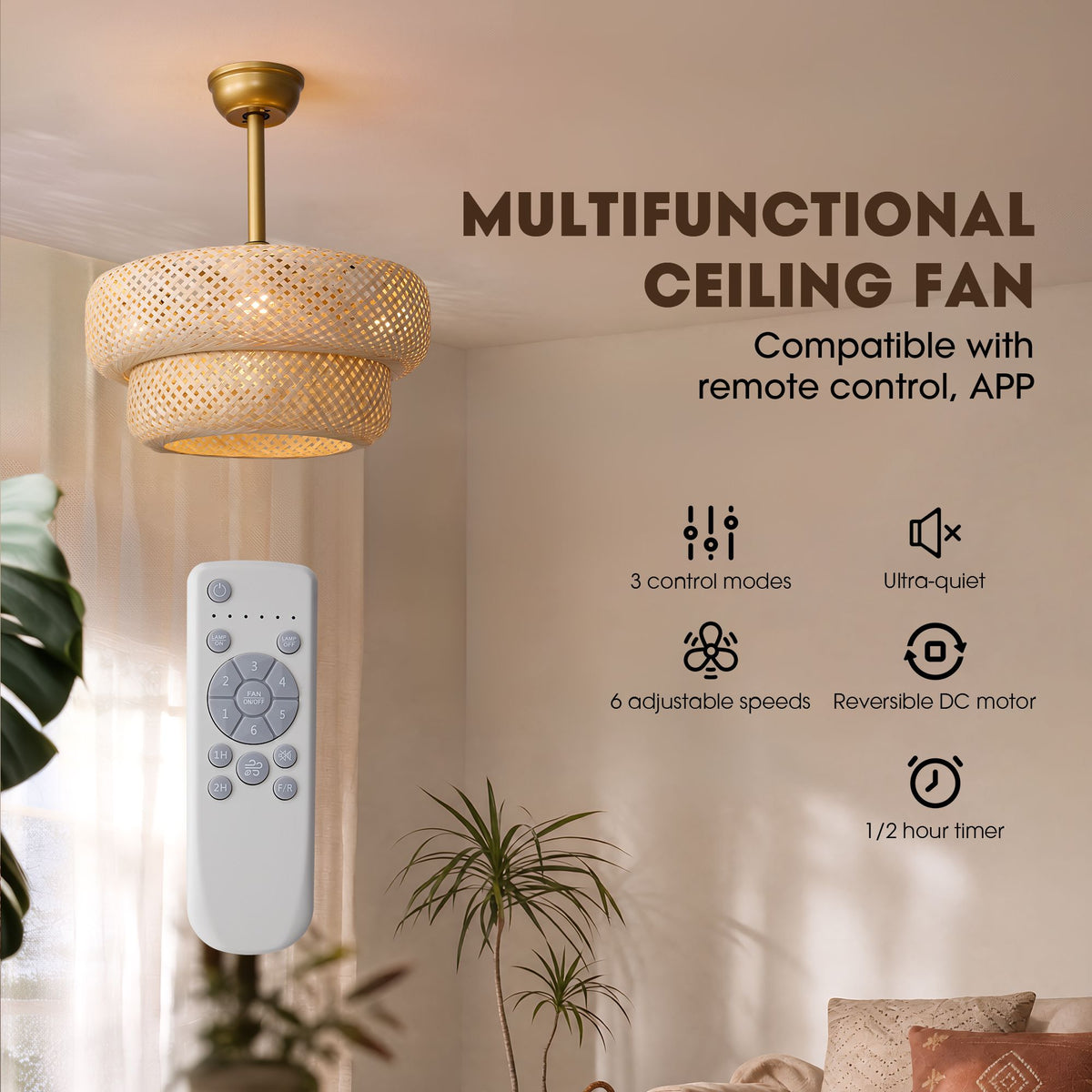 Multifunctional ceiling fan features — compatible with remote control & app, 3 control modes, ultra-quiet, 6 adjustable speeds, reversible DC motor, 1/2 hour timer | Sofary Lighting