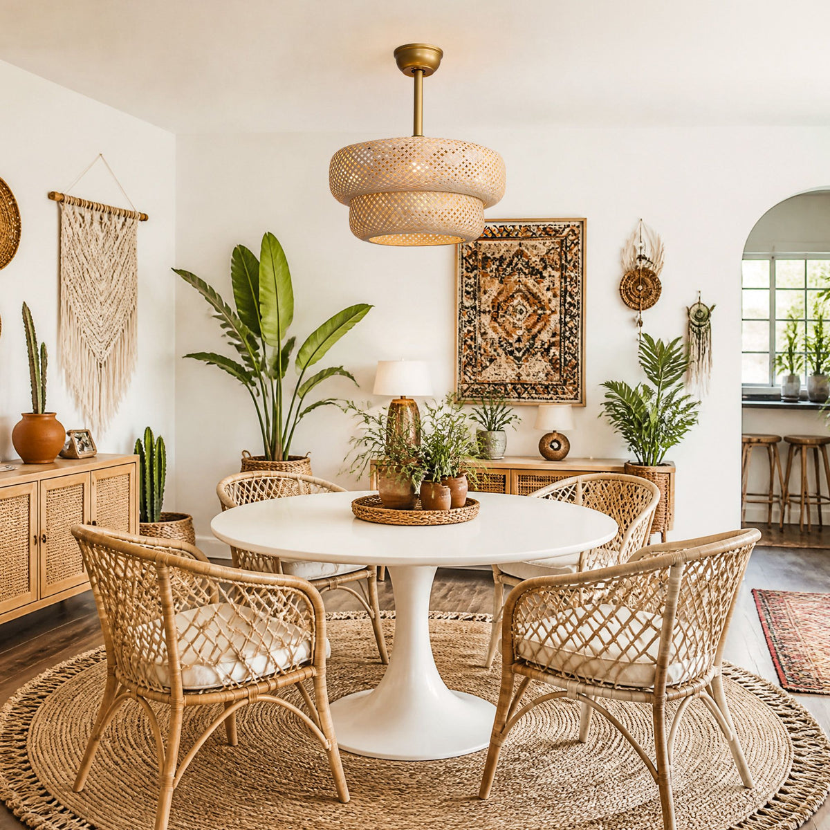 Bohemian living/dining area with rattan fandelier — white tulip table, wicker chairs, macrame wall hanging, lush green plants, warm natural textures | Sofary Lighting