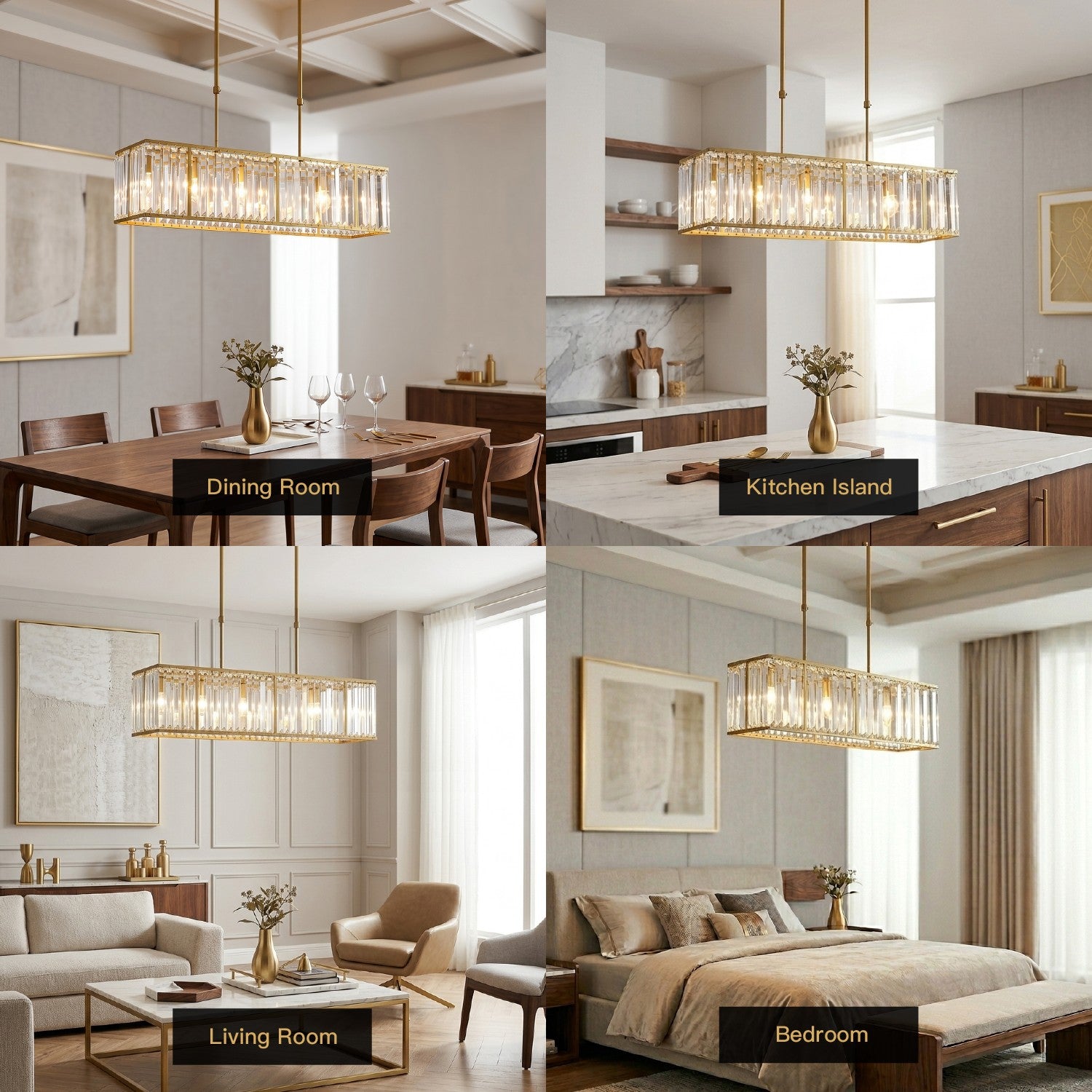 Elysian Modern Luxury Gold K9 Crystal Rectangular Chandelier