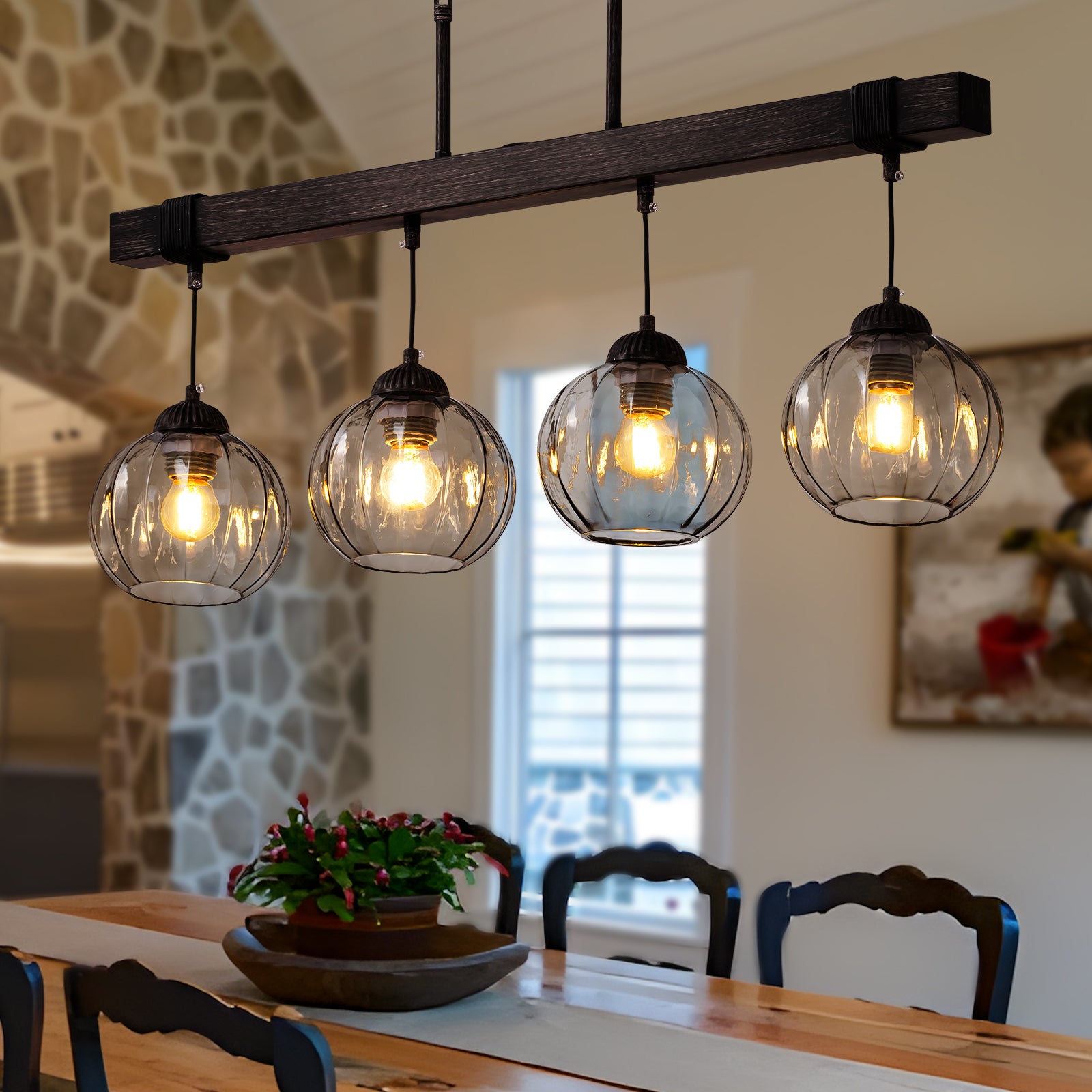 Rustora Farmhouse Dark Glass Globe Linear Island Chandelier