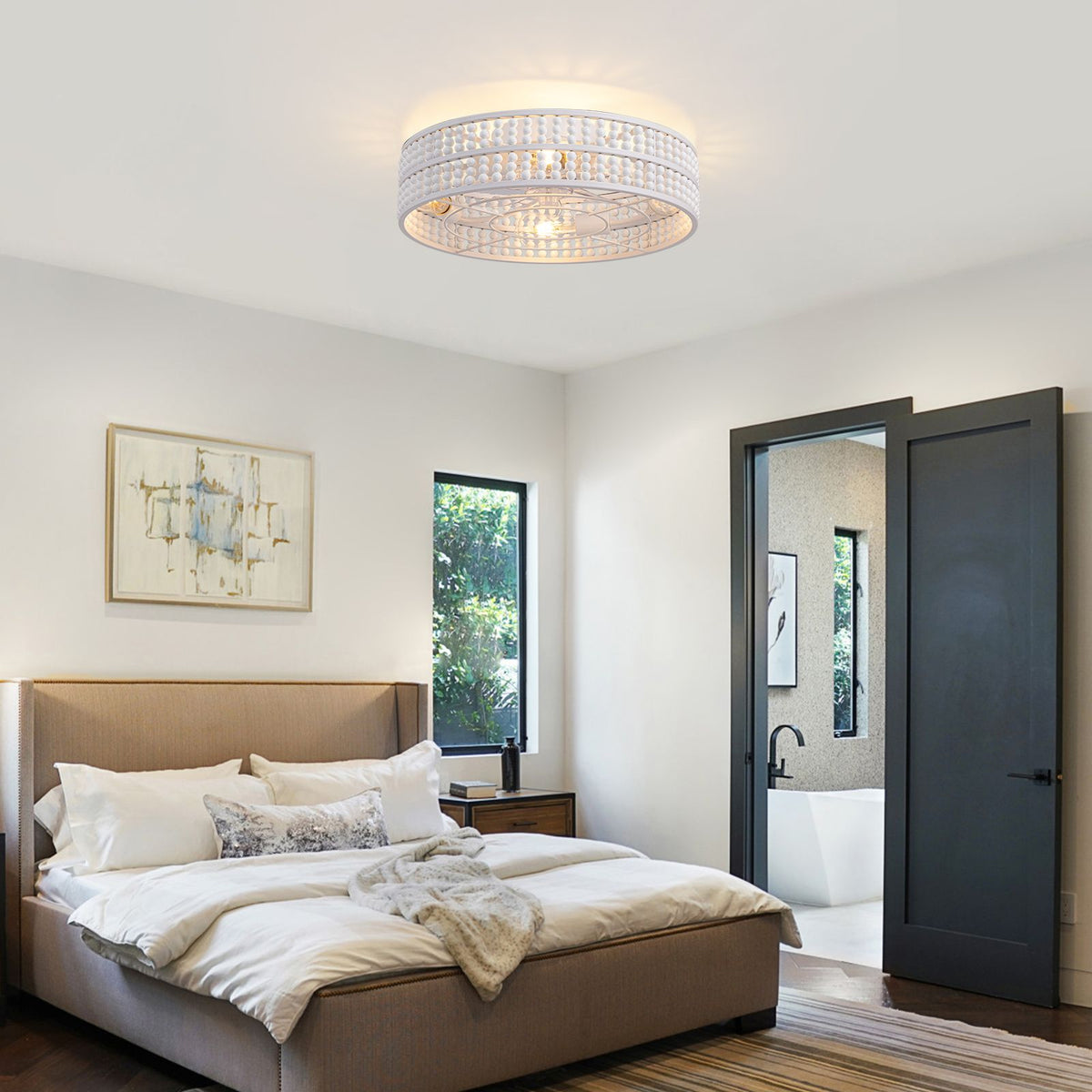 White wood beaded ceiling fan in neutral bedroom — modern art, ensuite bath, warm glow, boho farmhouse style | Sofary Lighting