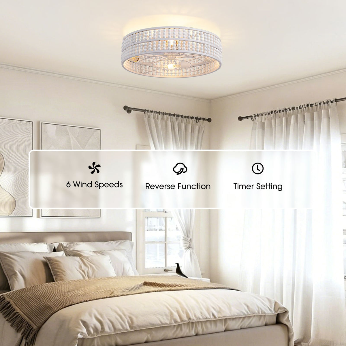Ceiling fan features — 6 wind speeds, reverse function, timer setting, remote control, versatile boho lighting | Sofary Lighting