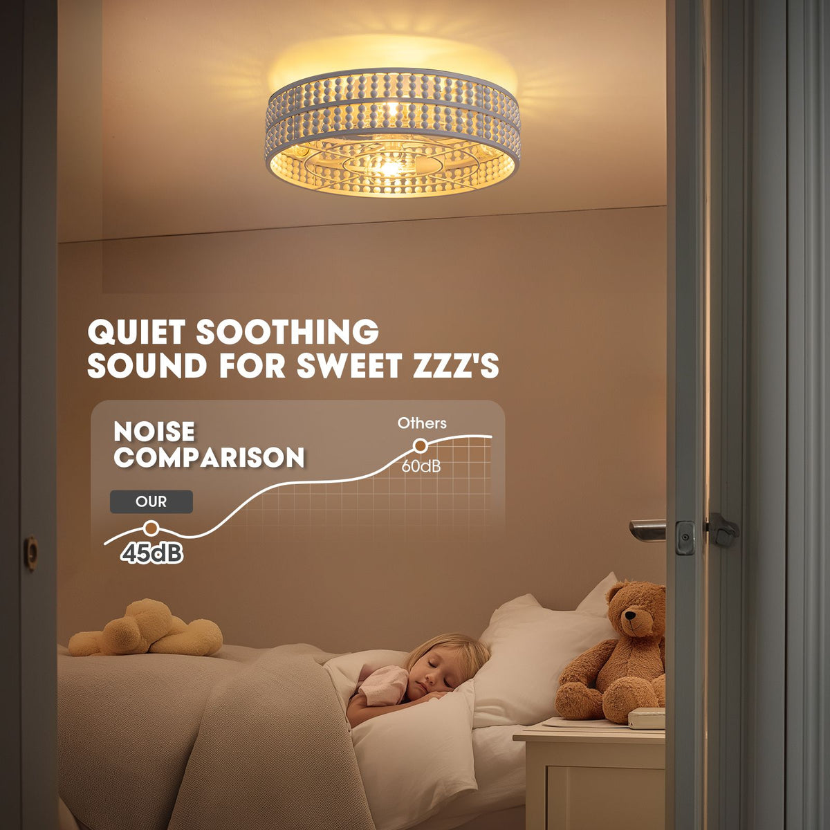 Quiet soothing sound for sweet ZZZ's — 45dB noise level, ultra-quiet boho ceiling fan, peaceful sleep, kids room friendly | Sofary Lighting