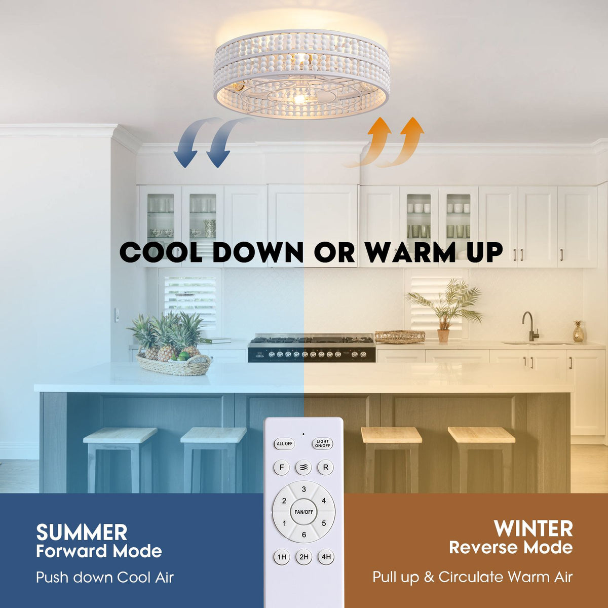 Cool down or warm up — summer forward mode pushes down cool air, winter reverse mode pulls up & circulates warm air, reversible motor | Sofary Lighting
