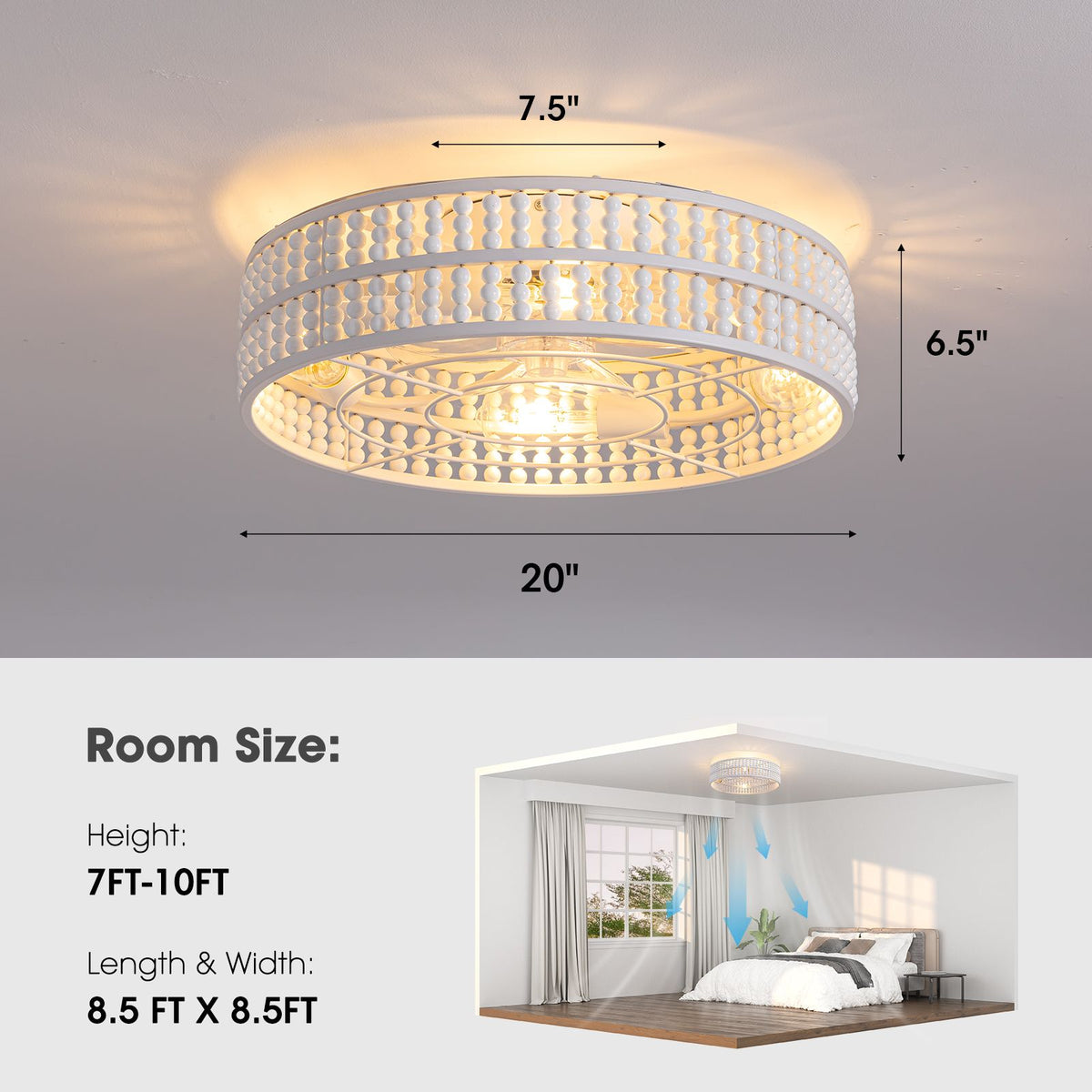 20" boho ceiling fan dimensions — 20" diameter, 6.5" height, 7.5" canopy, ideal room height 7-10ft, room size 8.5ft x 8.5ft, flush mount design | Sofary Lighting