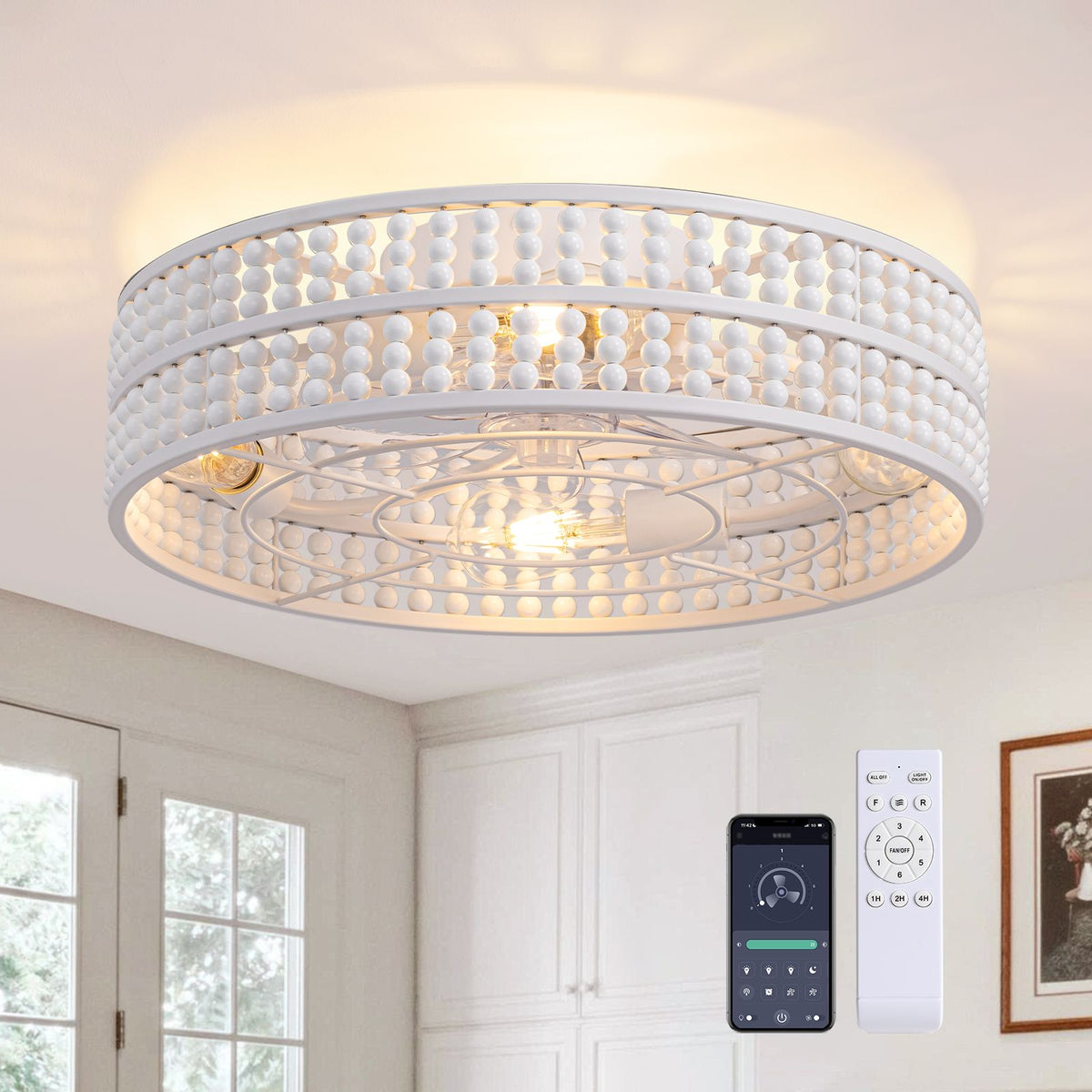 20" Boho White Wood Beaded Flush Mount Ceiling Fan with Light — round white beaded cage, hidden fan blades, warm glow, remote & app control, farmhouse boho fandelier | Sofary Lighting