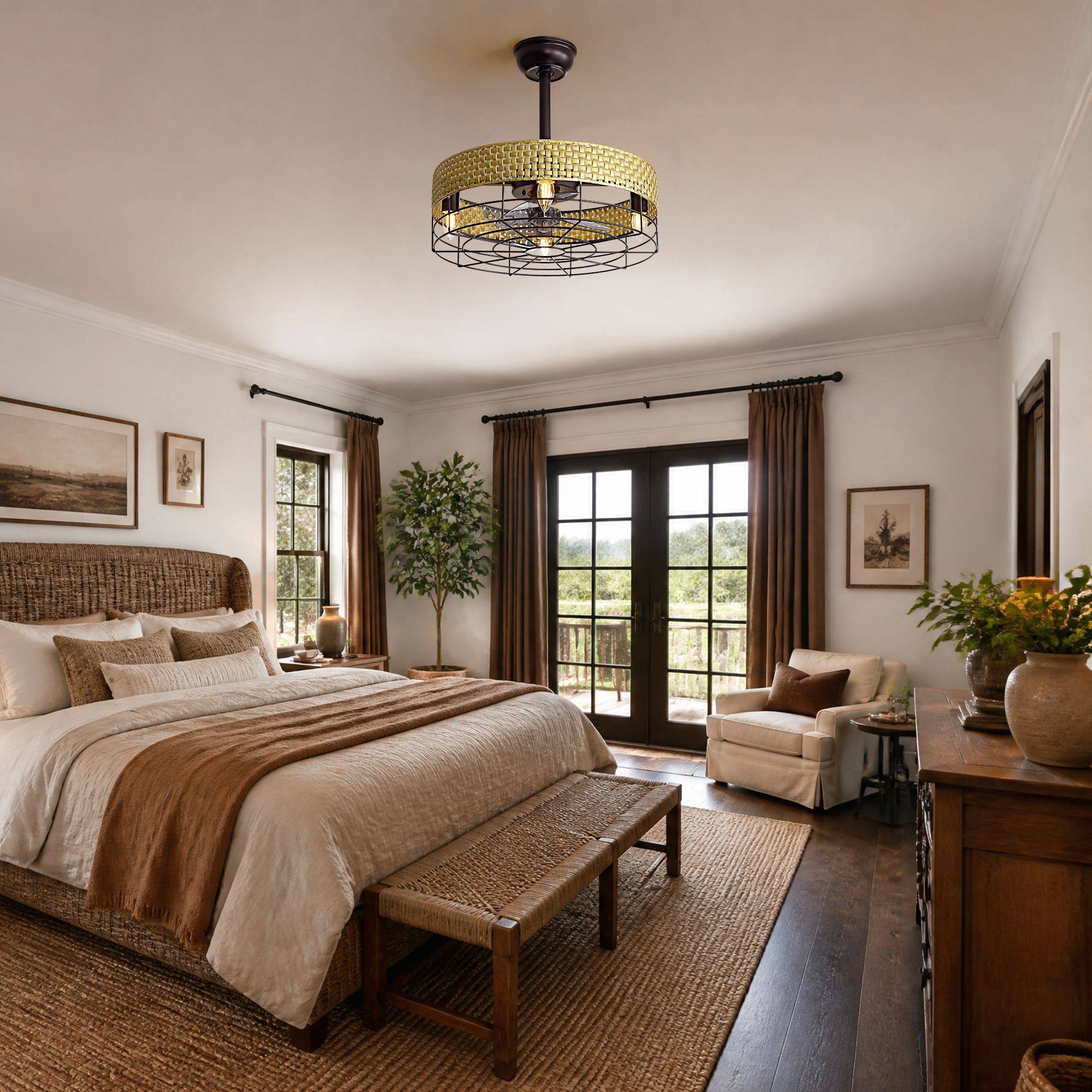 Woven rattan caged ceiling fan in boho bedroom — wicker headboard, wood bench, jute rug, warm neutral tones, arched doors to patio | Sofary Lighting