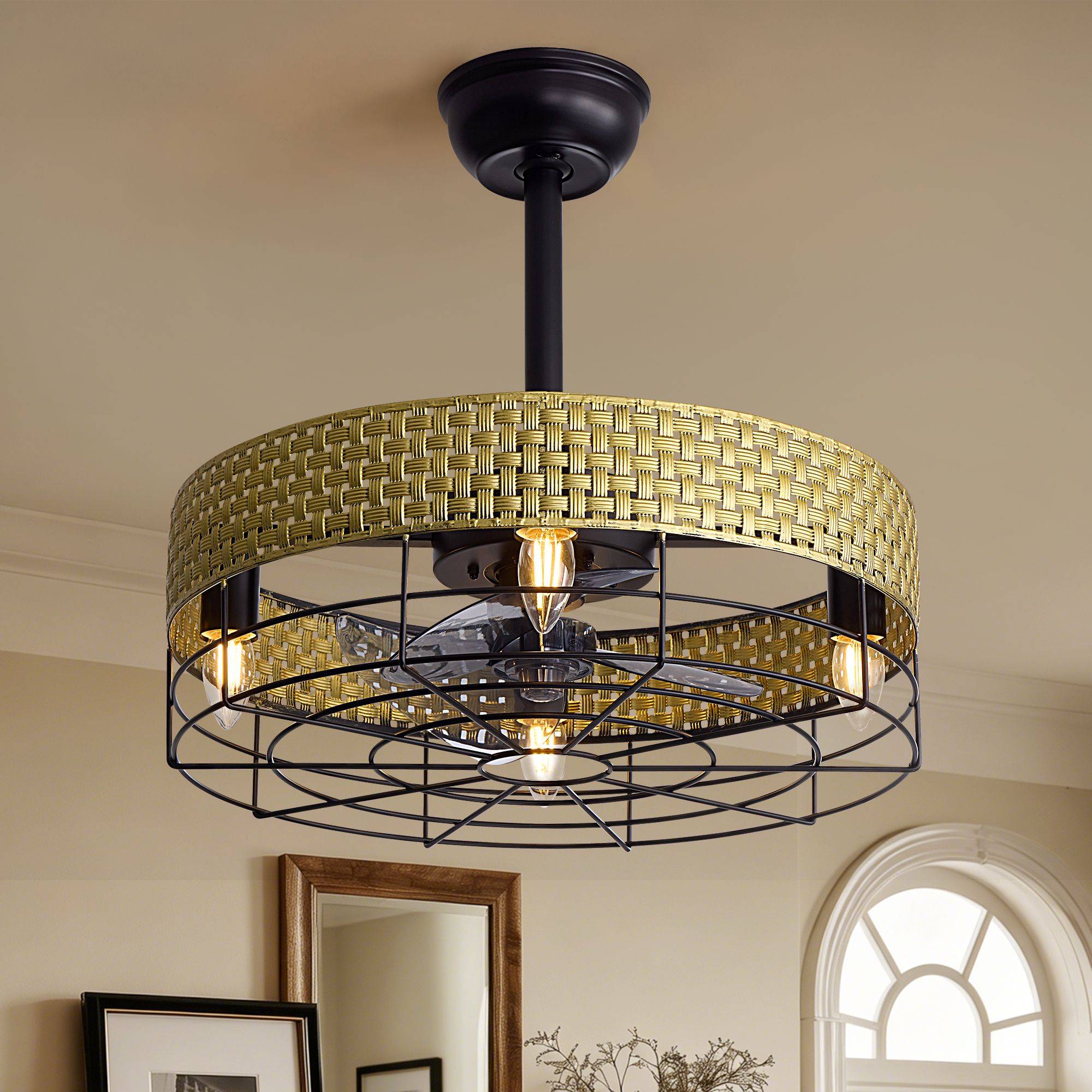 20" Boho Woven Rattan Ceiling Fan with Light — gold woven rattan shade, black metal cage, vintage Edison bulbs, enclosed blades, farmhouse coastal style | Sofary Lighting