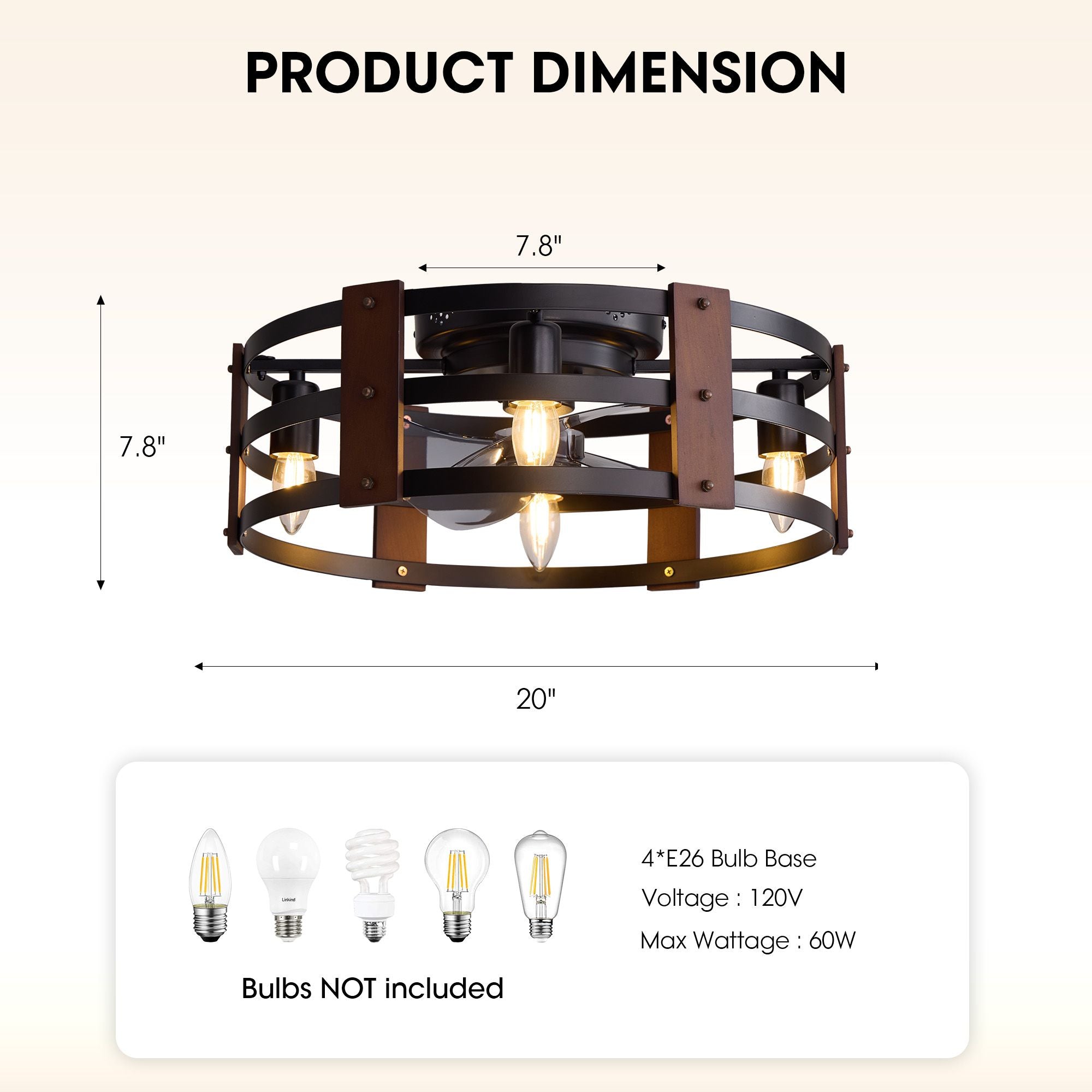20" Modern Caged Ceiling Fan product dimension — 20" diameter, 7.8" height, canopy 7.8", 4xE26 bulb base, 120V, max 60W per bulb, bulbs not included, flush mount specs | Sofary Lighting