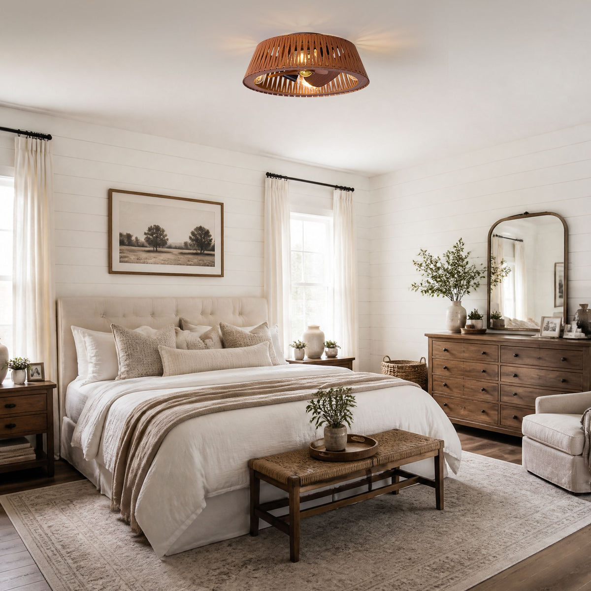 Brown flush mount ceiling fan in bedroom — neutral bedding, wooden furniture, warm LED glow, rustic modern decor, quiet fan light | Sofary Lighting