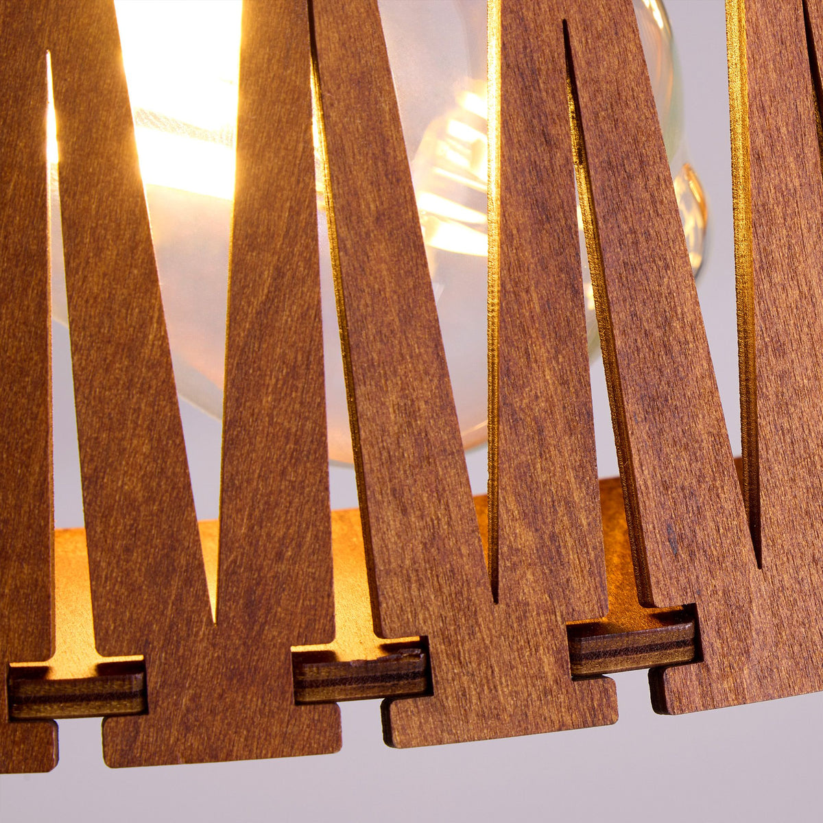 Brown caged fan wooden slat shade detail — interlocking wood strips, premium texture, warm light diffusion, modern farmhouse decor | Sofary Lighting