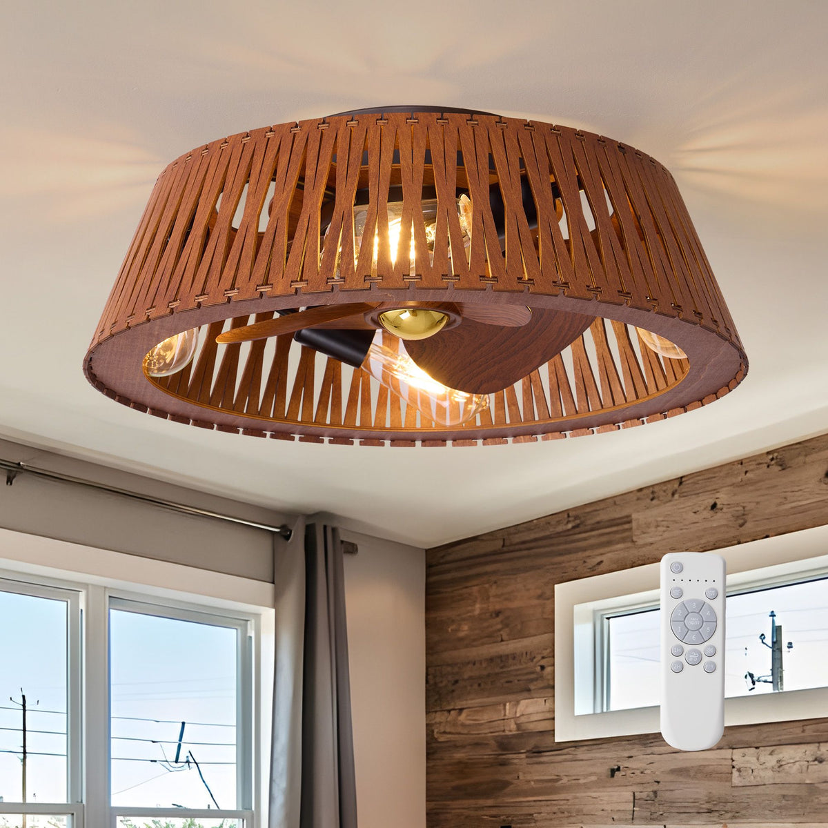 20" Modern Brown Flush Mount Caged Ceiling Fan with Light — wooden slat cage shade, warm LED bulbs, remote control, modern rustic ceiling fan | Sofary Lighting