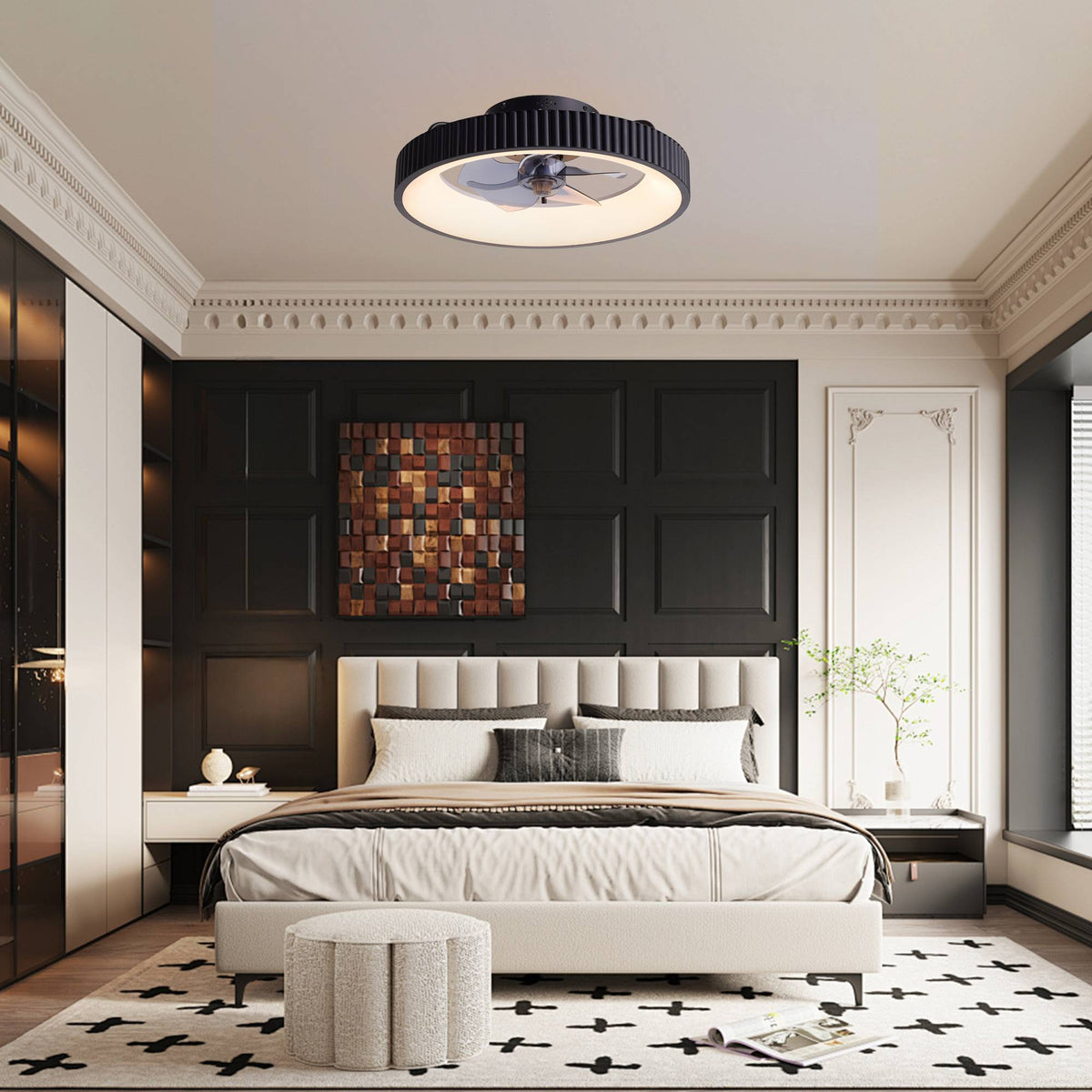 Flush mount ceiling fan in bedroom — black accent wall, beige bed, modern decor, quiet smart fan with warm LED lighting