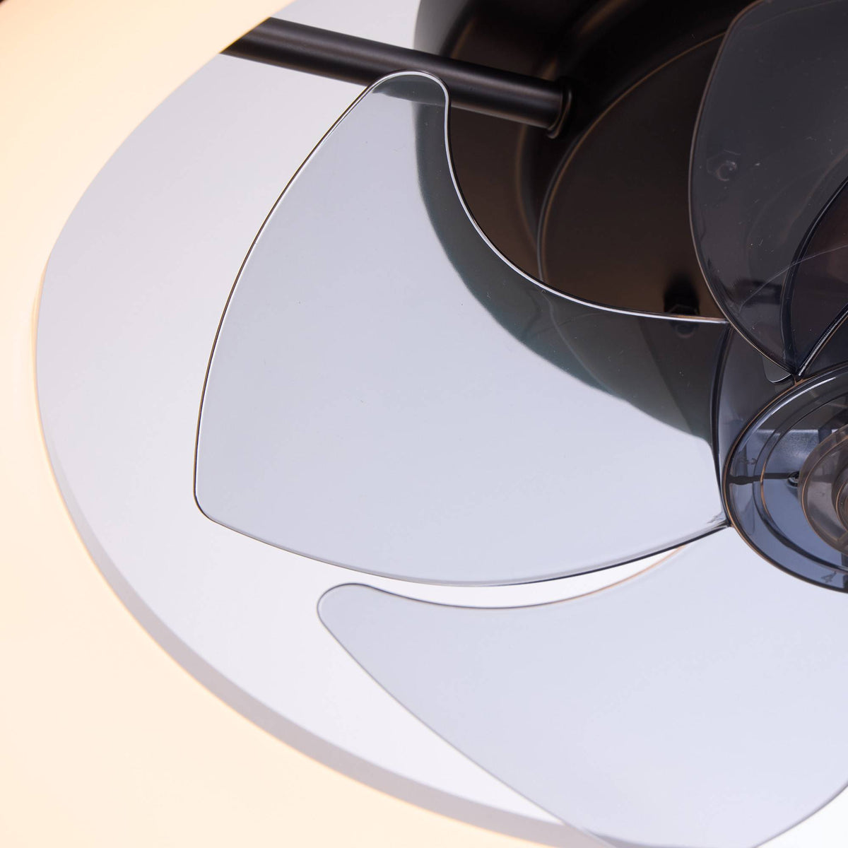 Close-up of modern ceiling fan — transparent ABS blades, black central motor, white LED diffuser ring, low profile enclosed design, premium detail