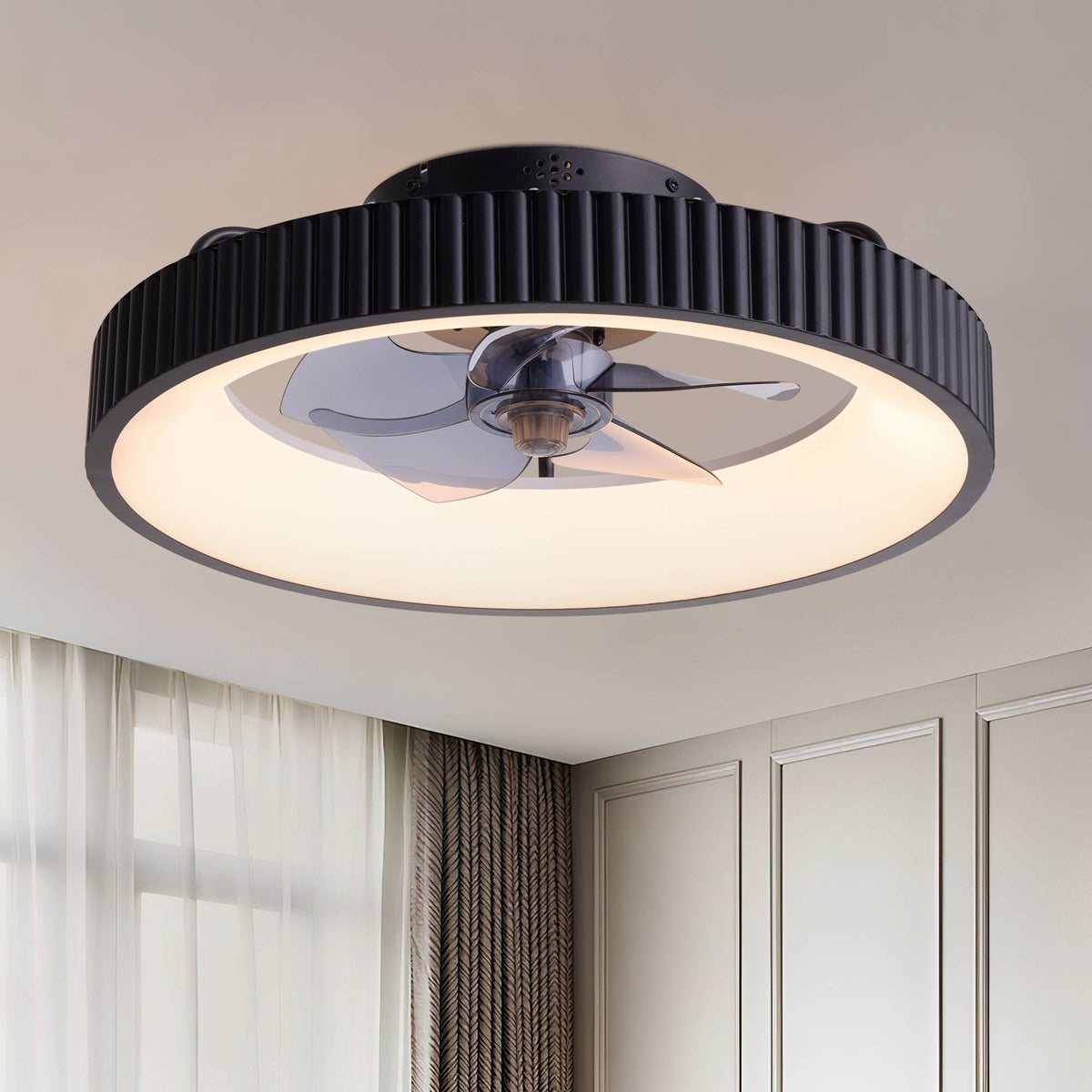 20" Modern Smart Flush Mount Ceiling Fan with LED Light — black ribbed round frame, enclosed low profile design, hidden blades, warm LED ring, modern ceiling fixture