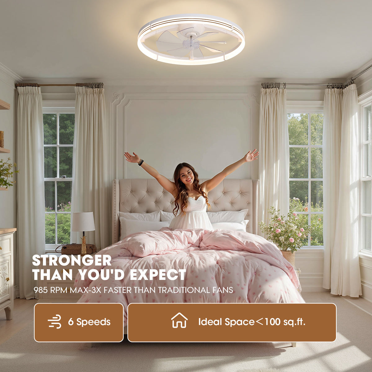 23.6" foldable ceiling fan performance — 985 RPM max, 3x faster than traditional fans, 6 speed settings, ideal space under 100 sq.ft, woman in bright bedroom scene | Sofary Lighting