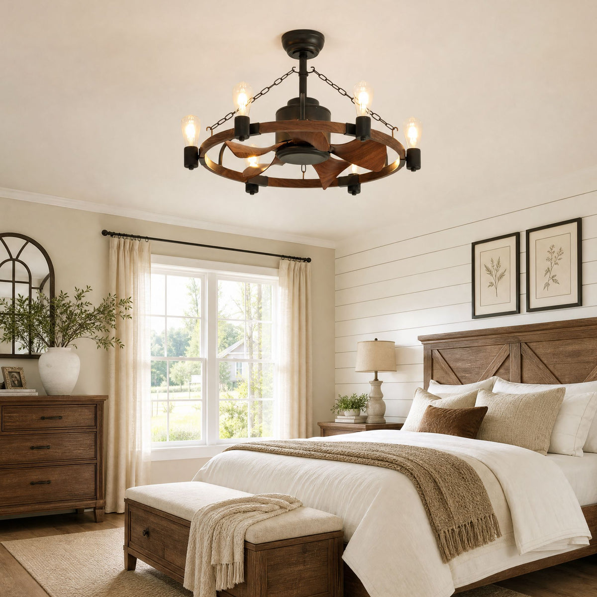 Wagon wheel fandelier in bedroom — 28.3" farmhouse caged ceiling fan, wood grain blades, shiplap wall decor, warm glow | Sofary Lighting
