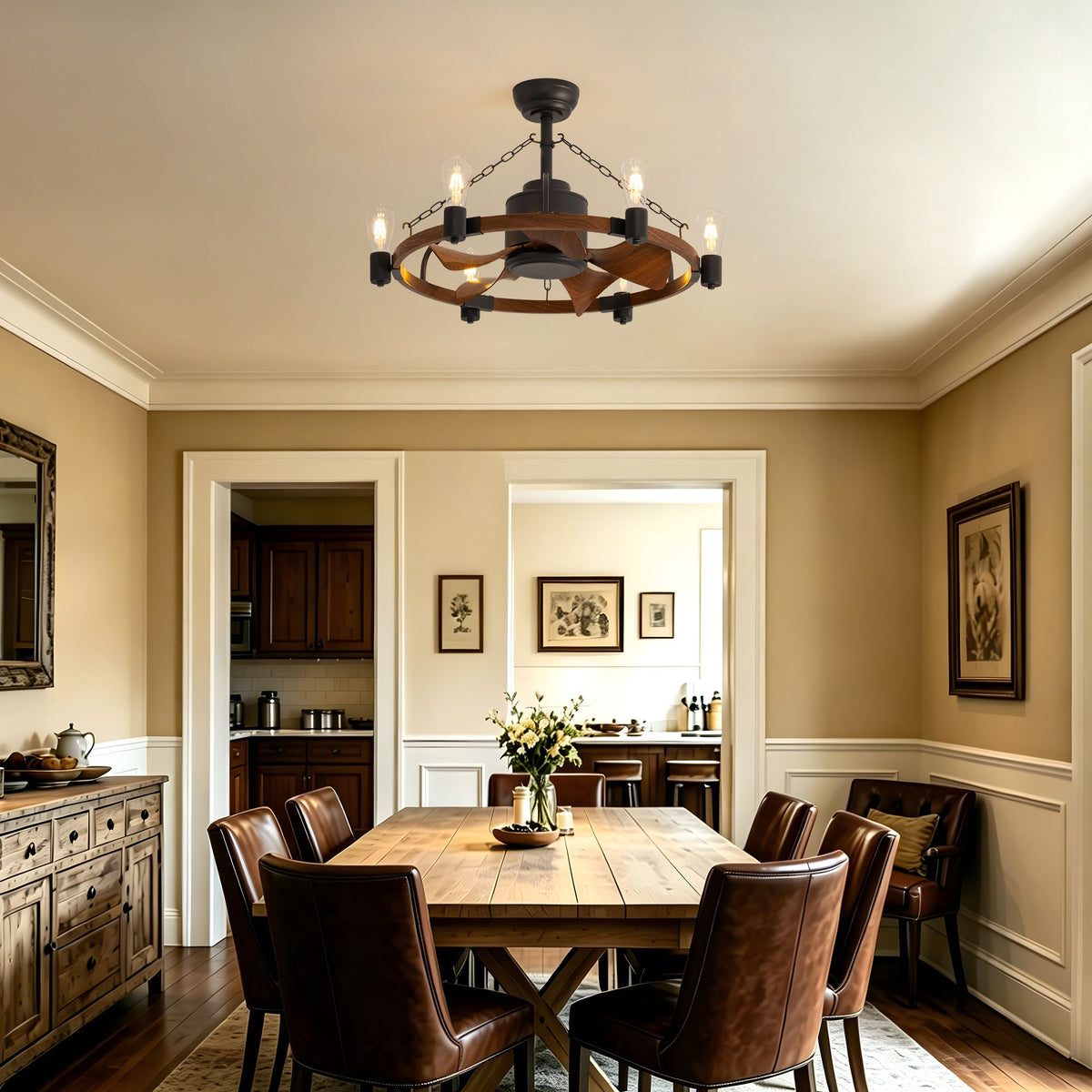 Farmhouse caged fandelier in dining room — 28.3" wood wheel ceiling fan, leather chairs, traditional home decor | Sofary Lighting