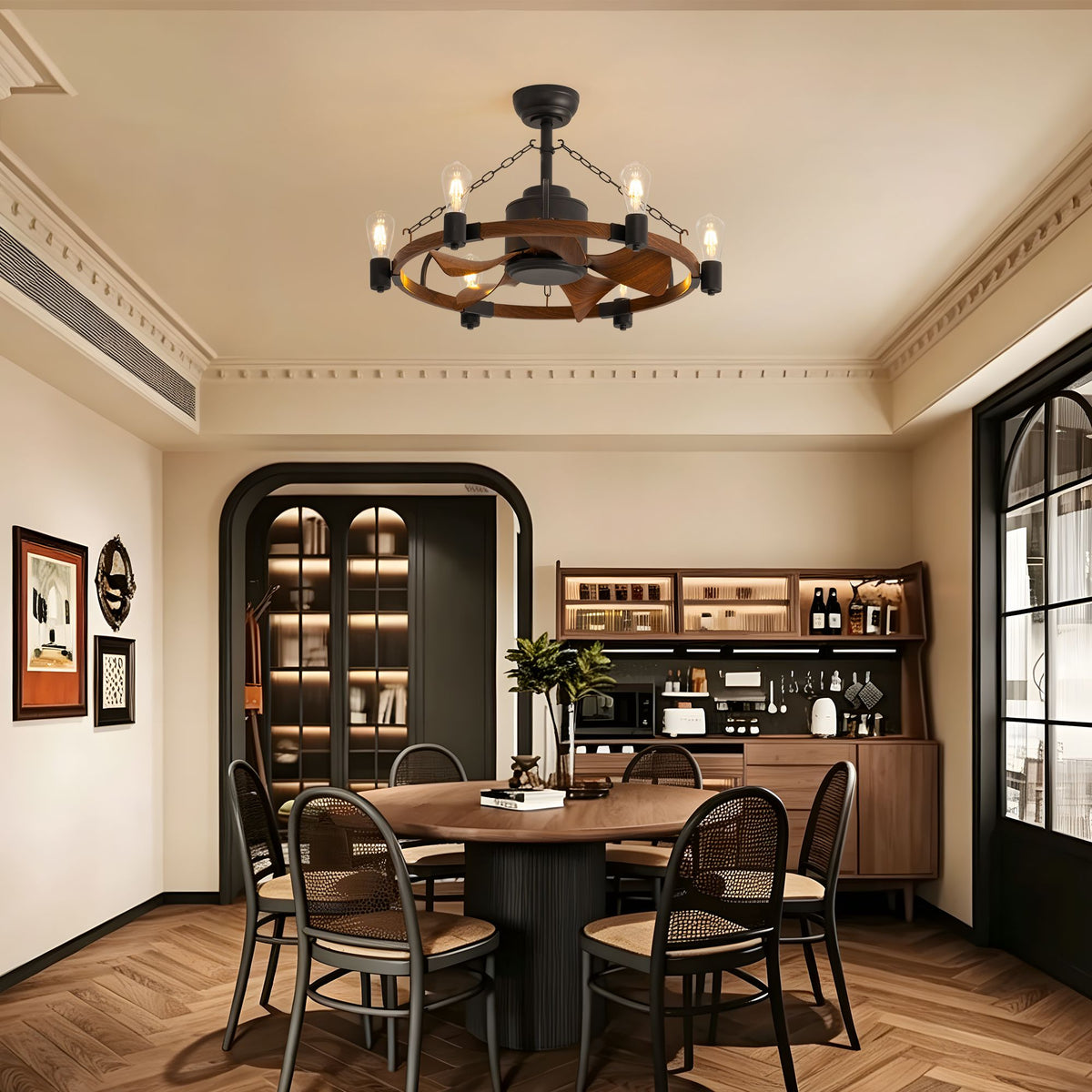 28.3" wagon wheel fandelier in dining room — rustic caged ceiling fan, arched cabinet, round table, warm ambient light | Sofary Lighting